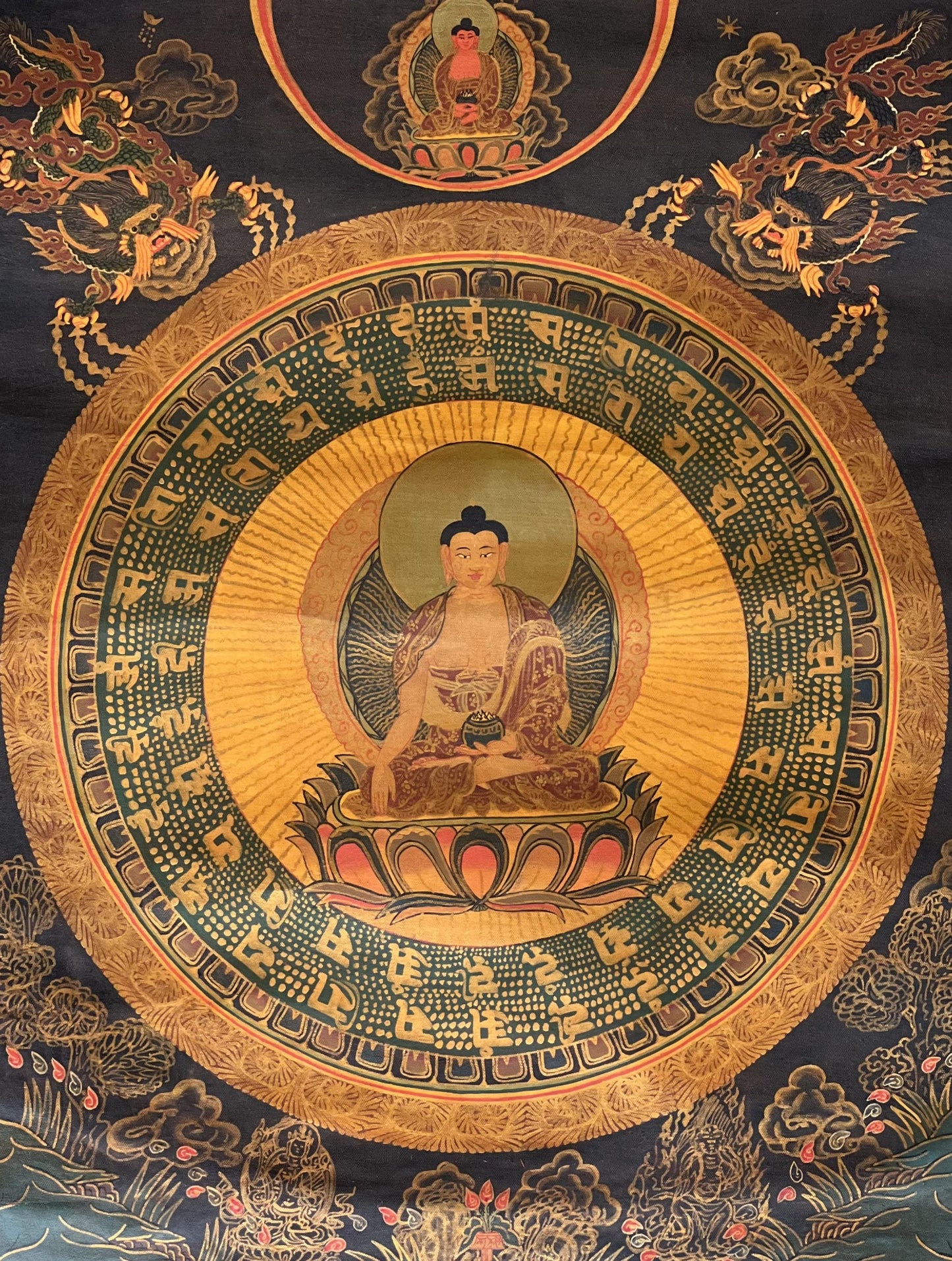 Hand-Painted Shakyamuni Buddha Thangka | Tibetan Oil Painting with Silk Brocade