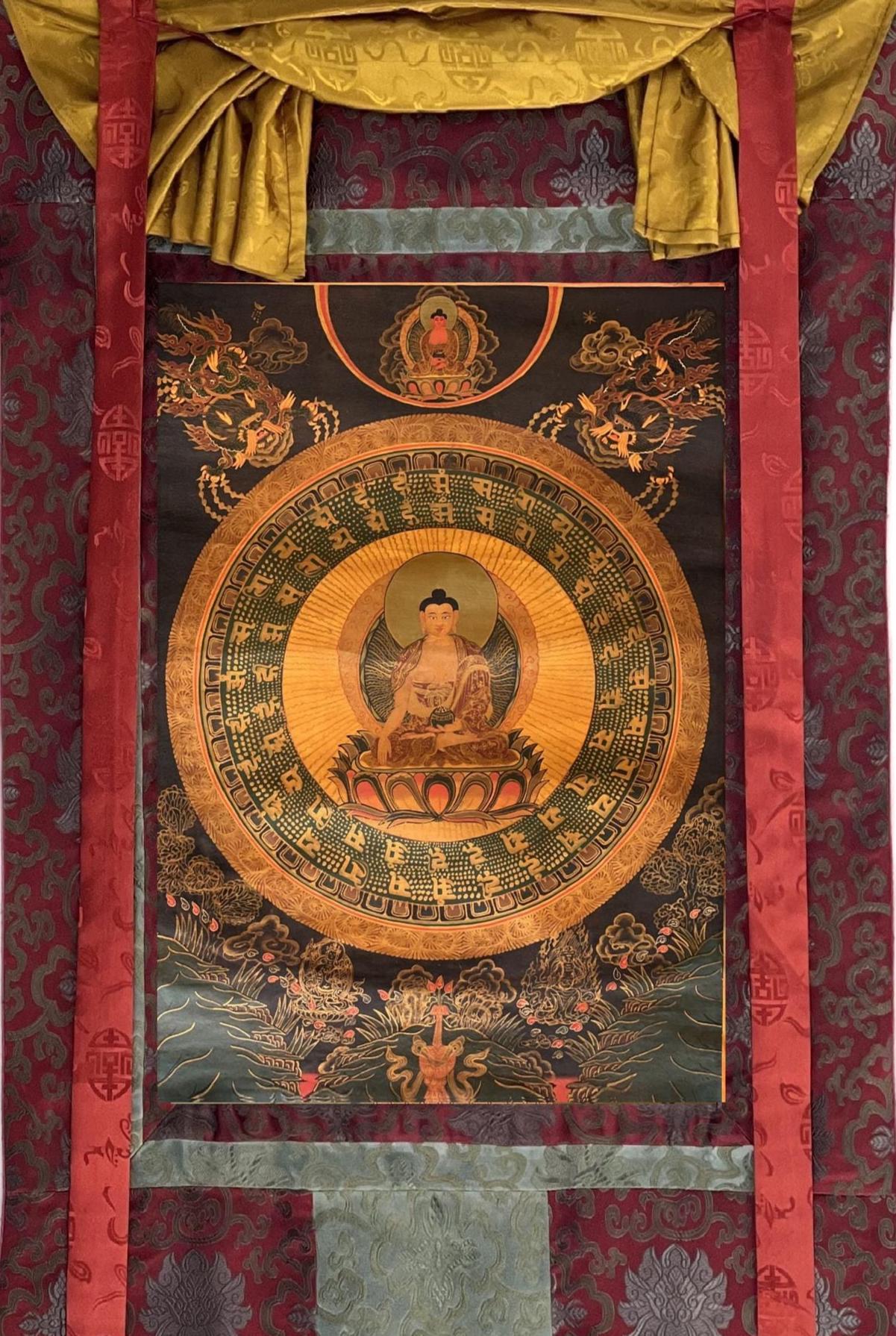 Hand-Painted Shakyamuni Buddha Thangka | Tibetan Oil Painting with Silk Brocade
