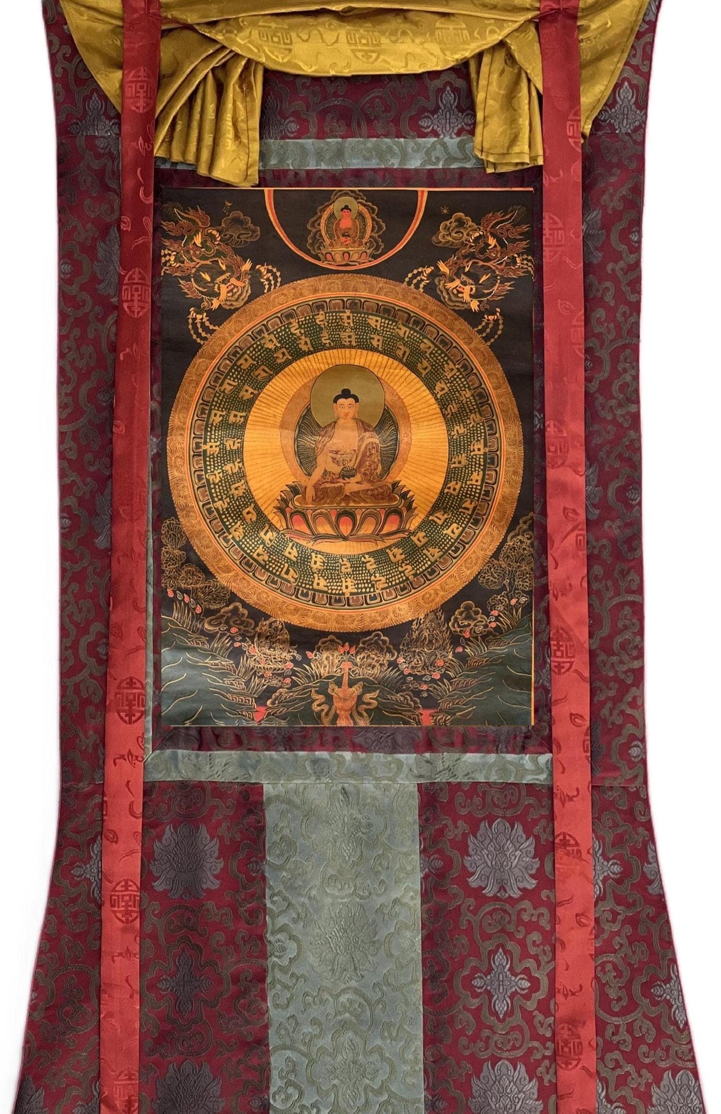 Hand-Painted Shakyamuni Buddha Thangka | Tibetan Oil Painting with Silk Brocade