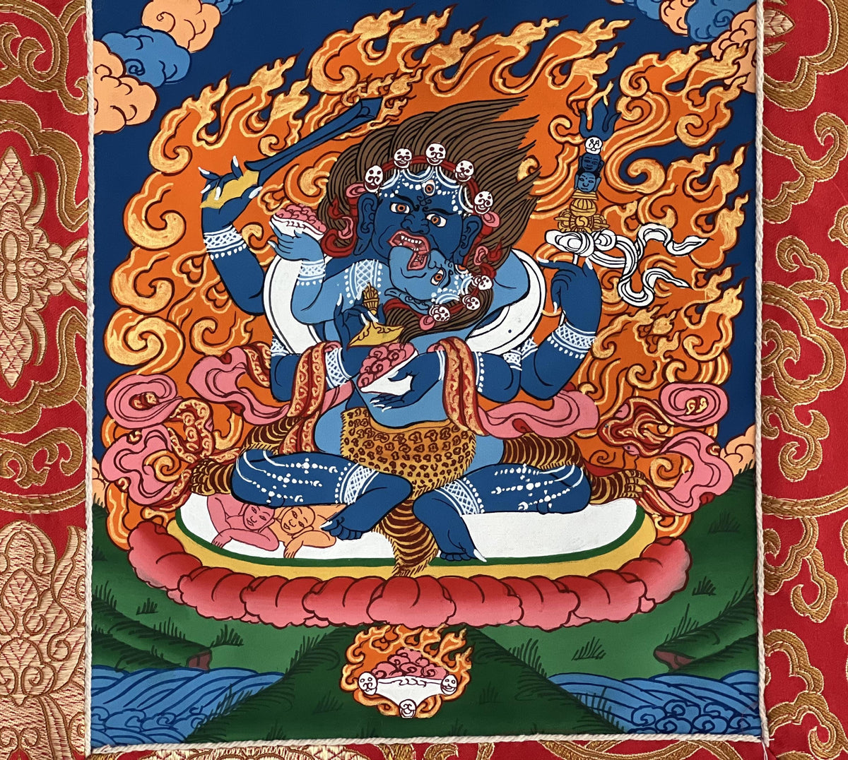 Mahakala Shakti Thangka: Hand-Painted Tibetan Silk Brocade Wall Hanging