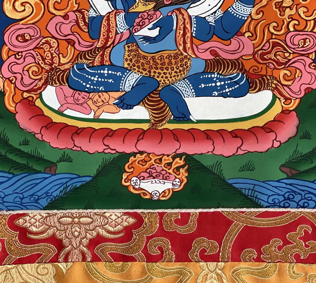 Mahakala Shakti Thangka: Hand-Painted Tibetan Silk Brocade Wall Hanging