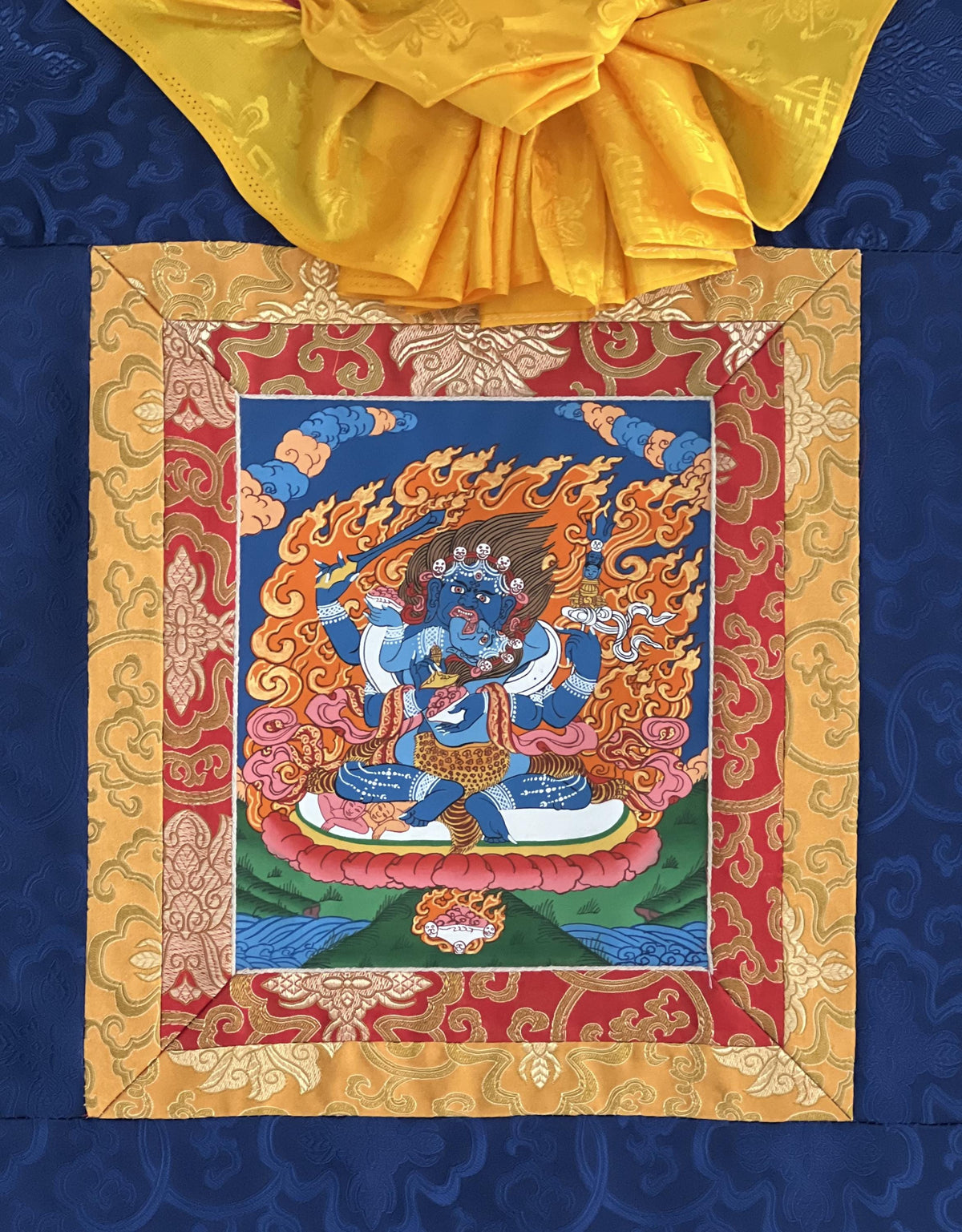 Mahakala Shakti Thangka: Hand-Painted Tibetan Silk Brocade Wall Hanging