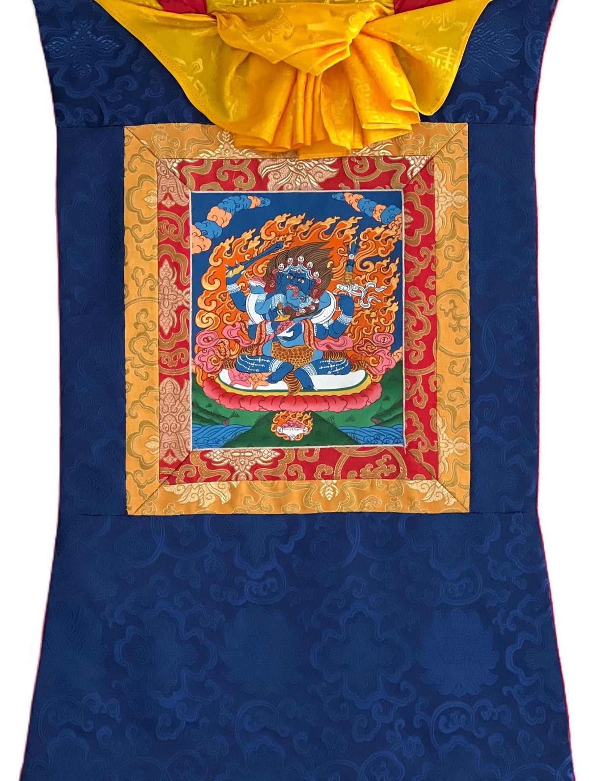 Mahakala Shakti Thangka: Hand-Painted Tibetan Silk Brocade Wall Hanging