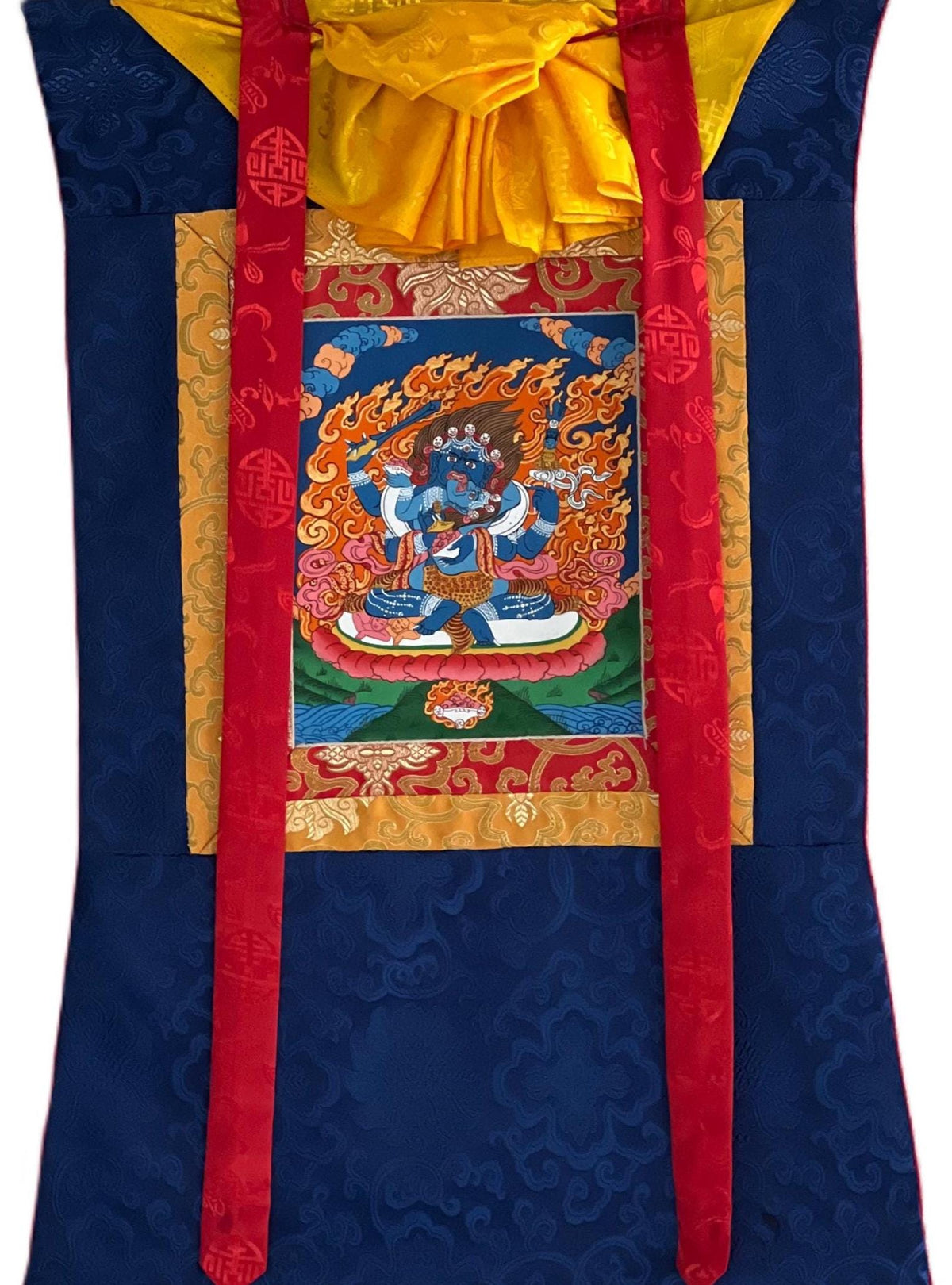 Mahakala Shakti Thangka: Hand-Painted Tibetan Silk Brocade Wall Hanging