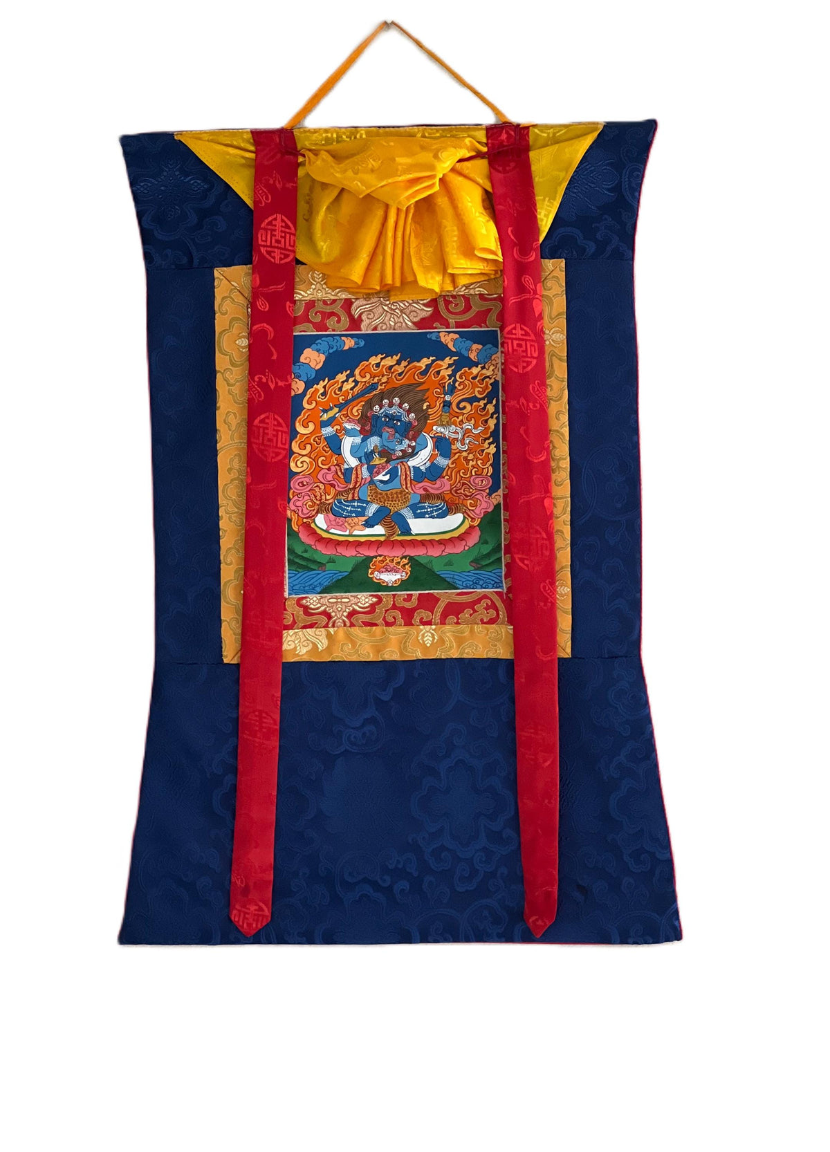 Mahakala Shakti Thangka: Hand-Painted Tibetan Silk Brocade Wall Hanging