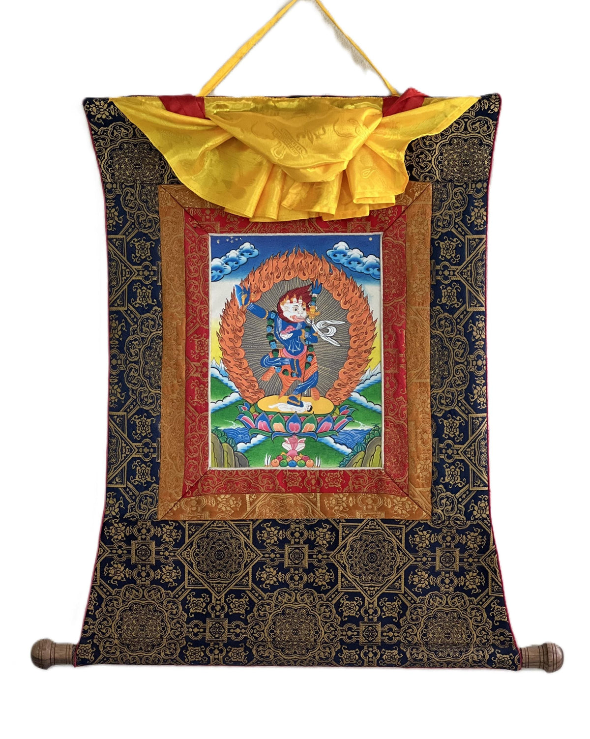 Simhamukhi Thangka Painting: Tibetan Buddhist Art with Silk Brocade