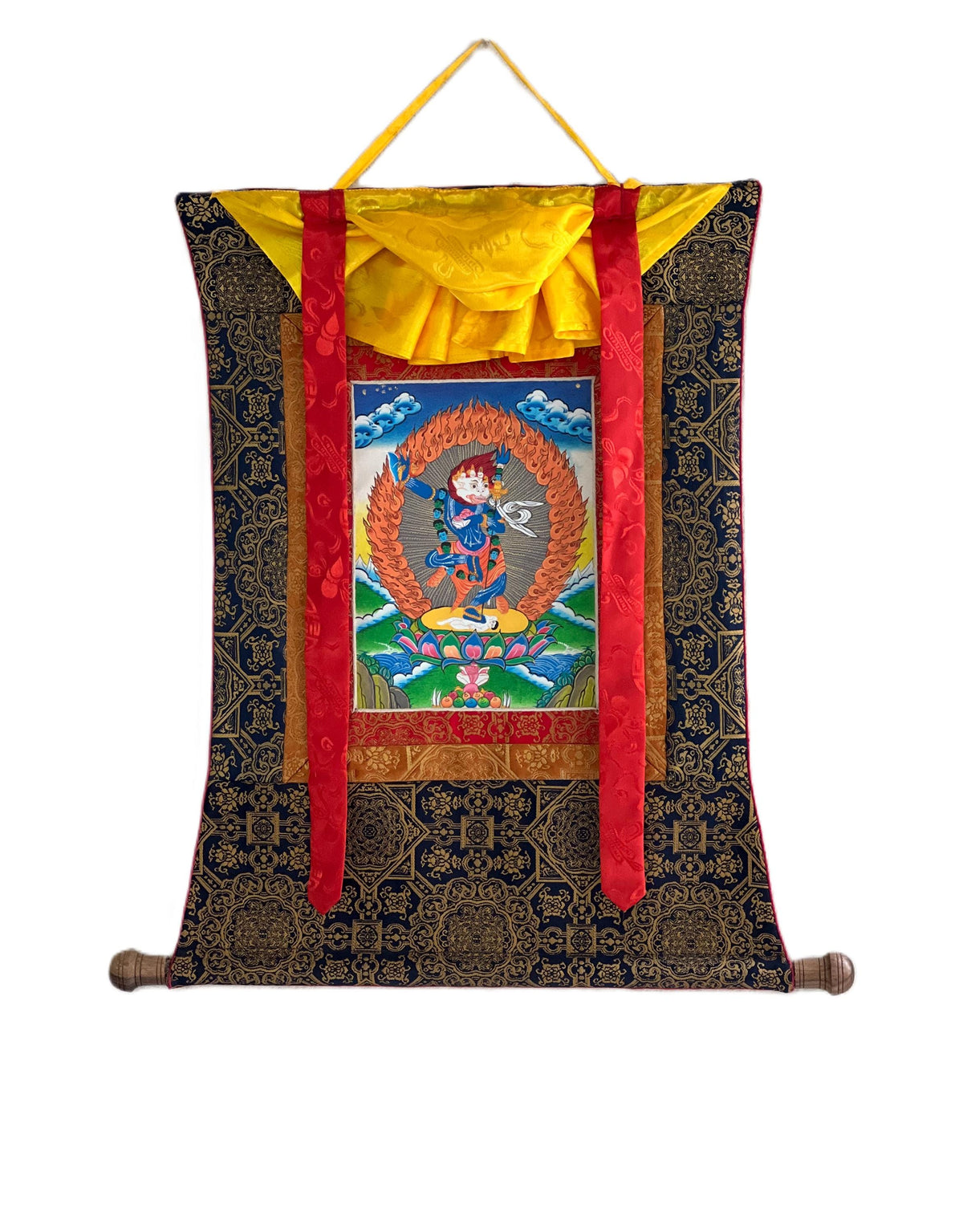 Simhamukhi Thangka Painting: Tibetan Buddhist Art with Silk Brocade