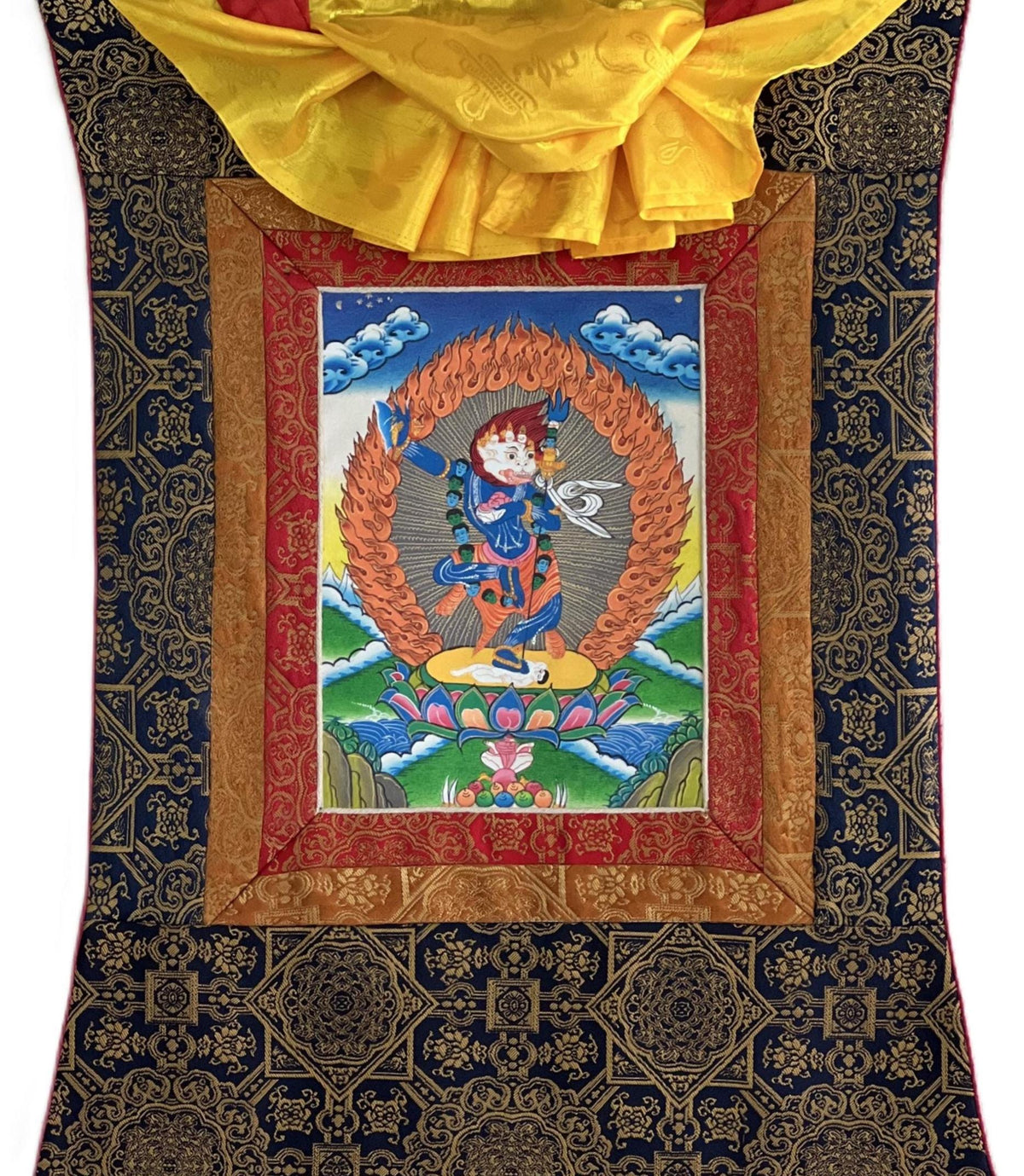 Simhamukhi Thangka Painting: Tibetan Buddhist Art with Silk Brocade