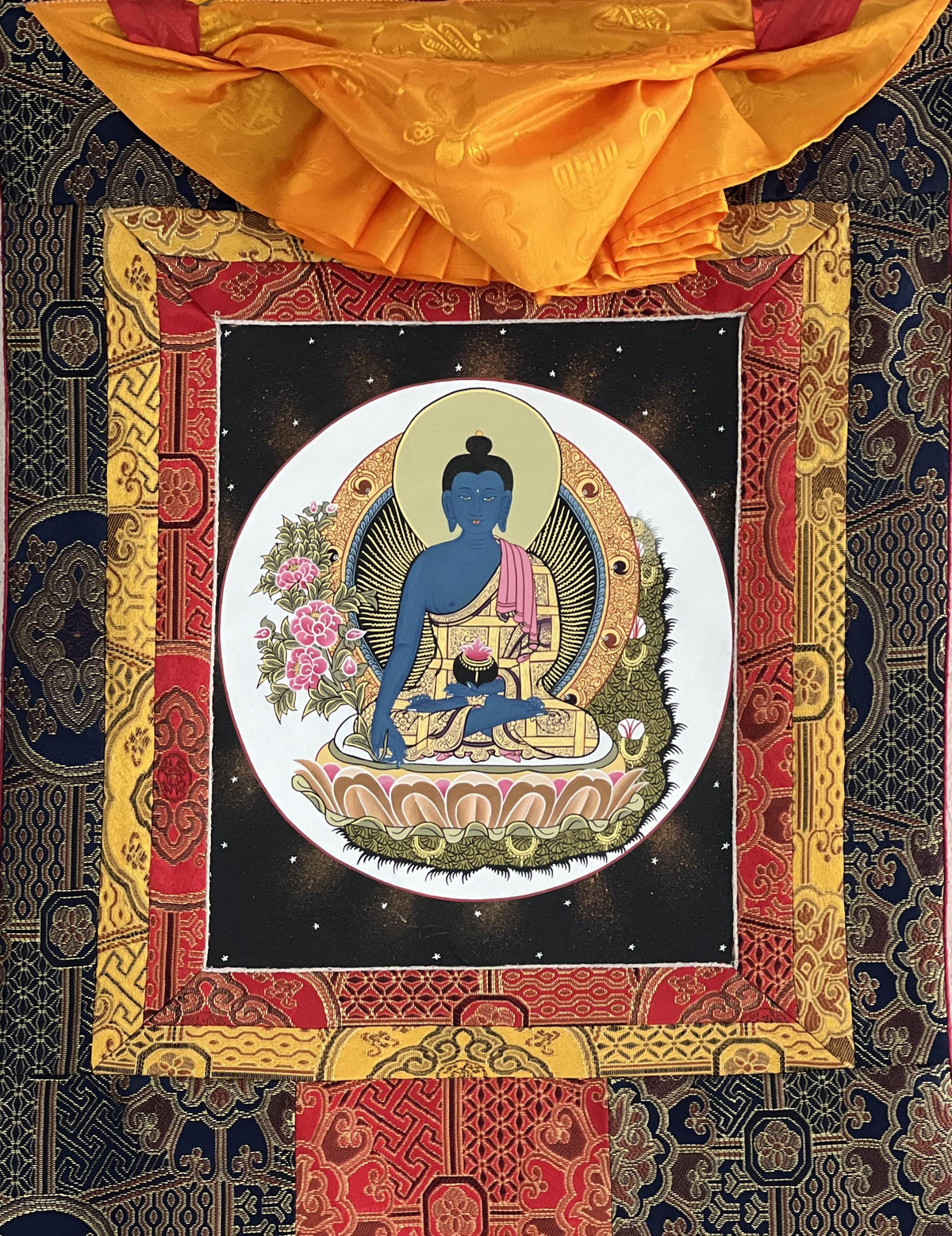 Medicine Buddha Thangka Painting | Silk Framed Tibetan Artwork