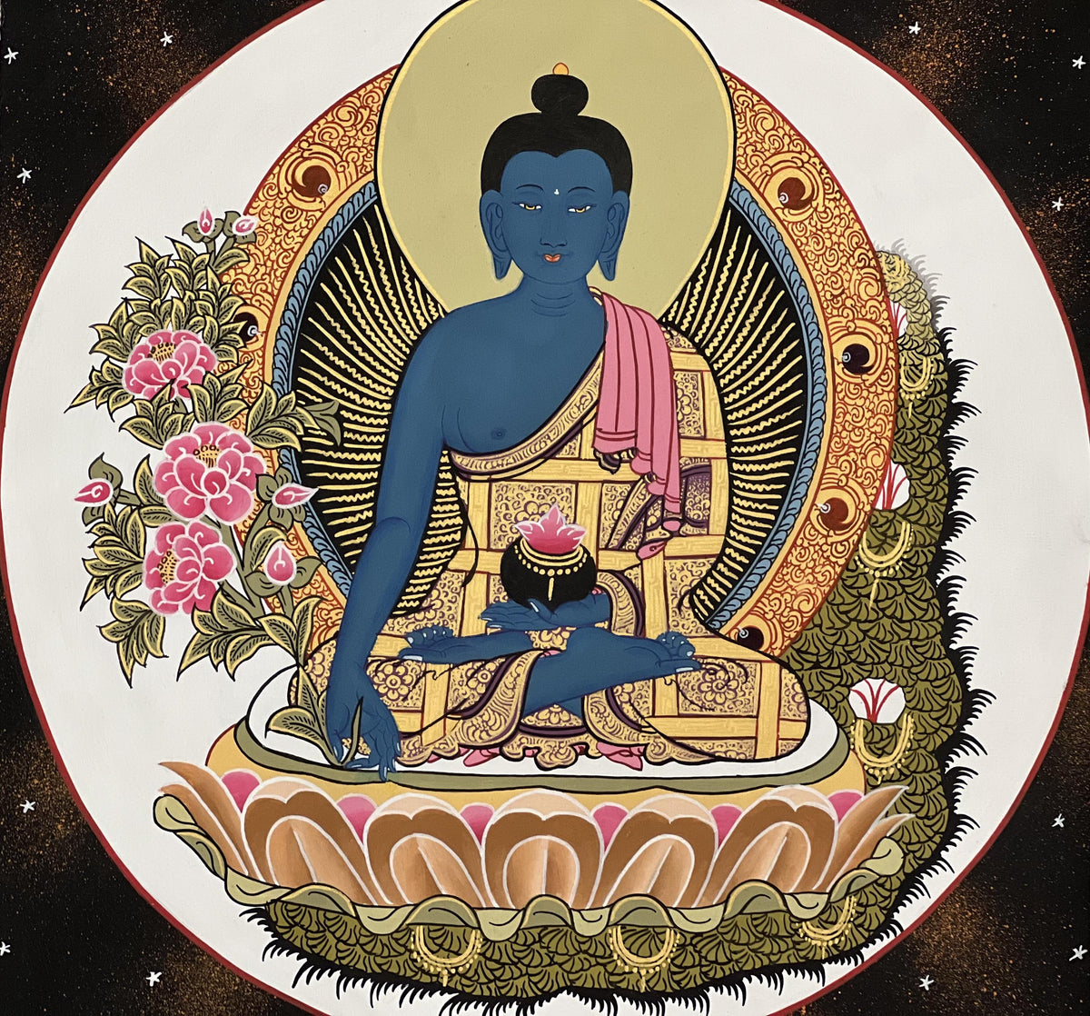 Medicine Buddha Thangka Painting | Silk Framed Tibetan Artwork