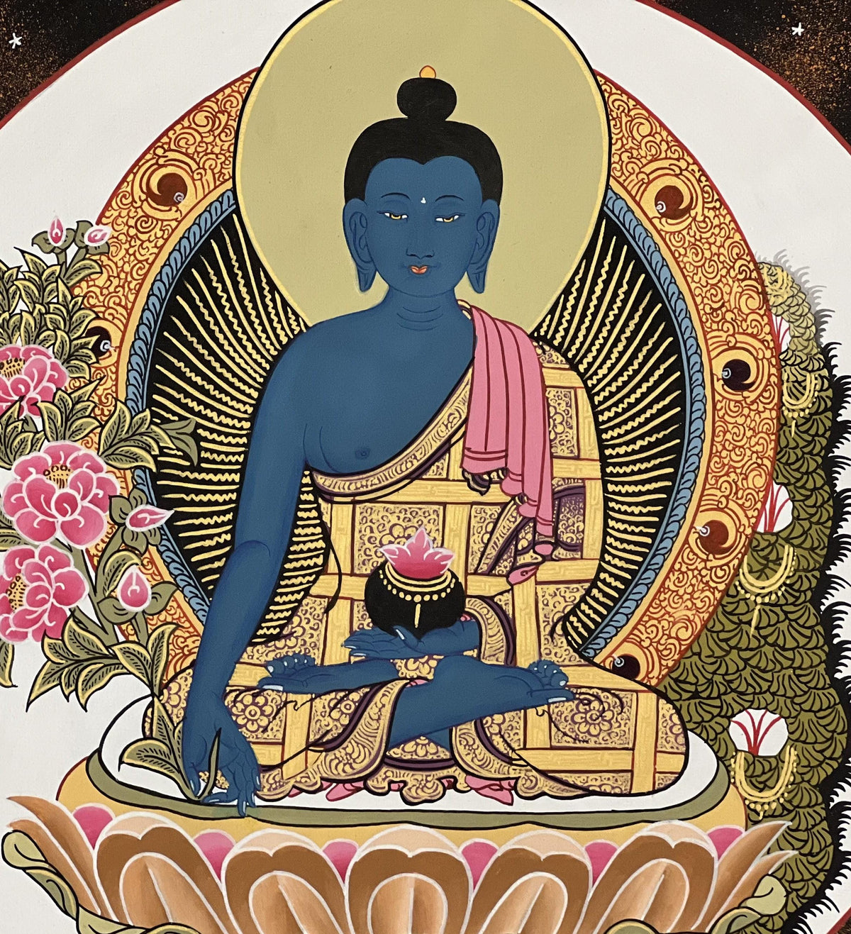 Medicine Buddha Thangka Painting | Silk Framed Tibetan Artwork