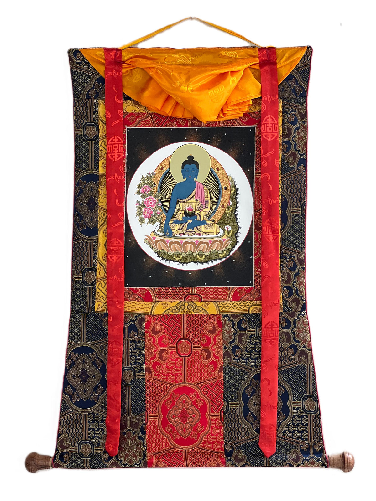 Medicine Buddha Thangka Painting | Silk Framed Tibetan Artwork