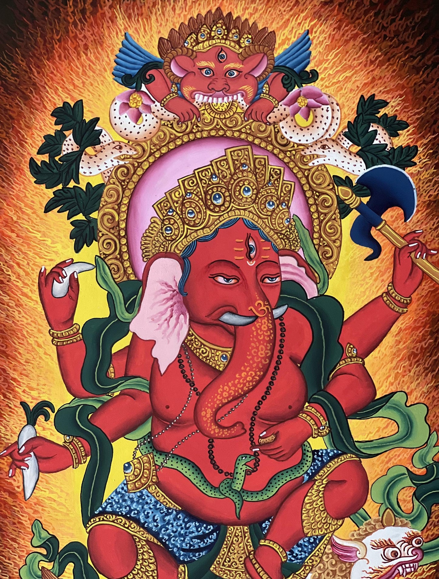 Red Ganesha Thangka Painting – Ganapati Newari Paubha Hindu Sacred Art- Silk Brocade Optional