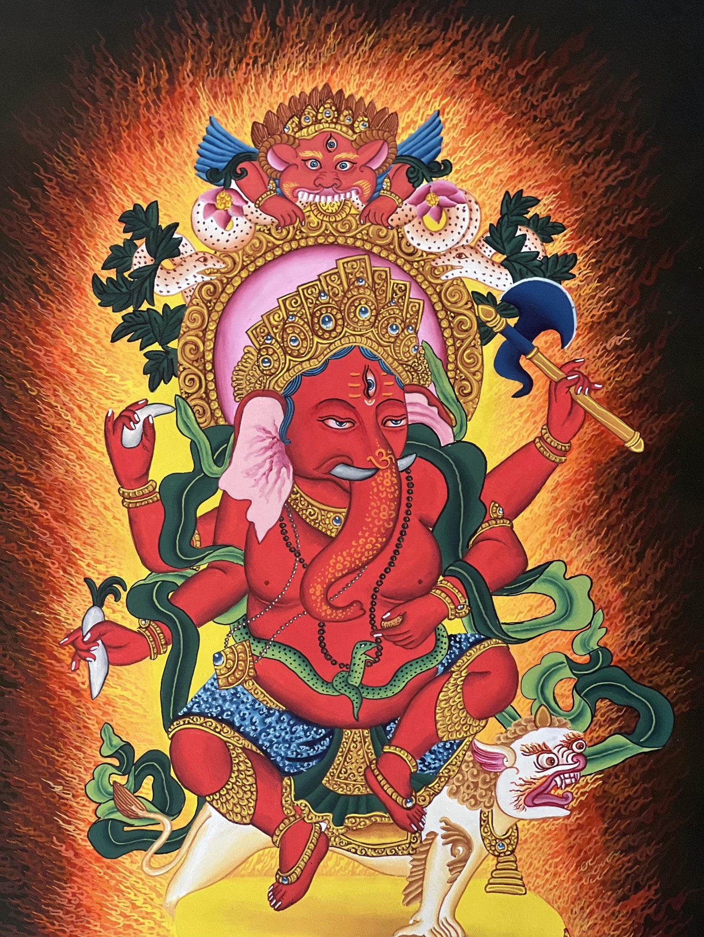 Red Ganesha Thangka Painting – Ganapati Newari Paubha Hindu Sacred Art- Silk Brocade Optional