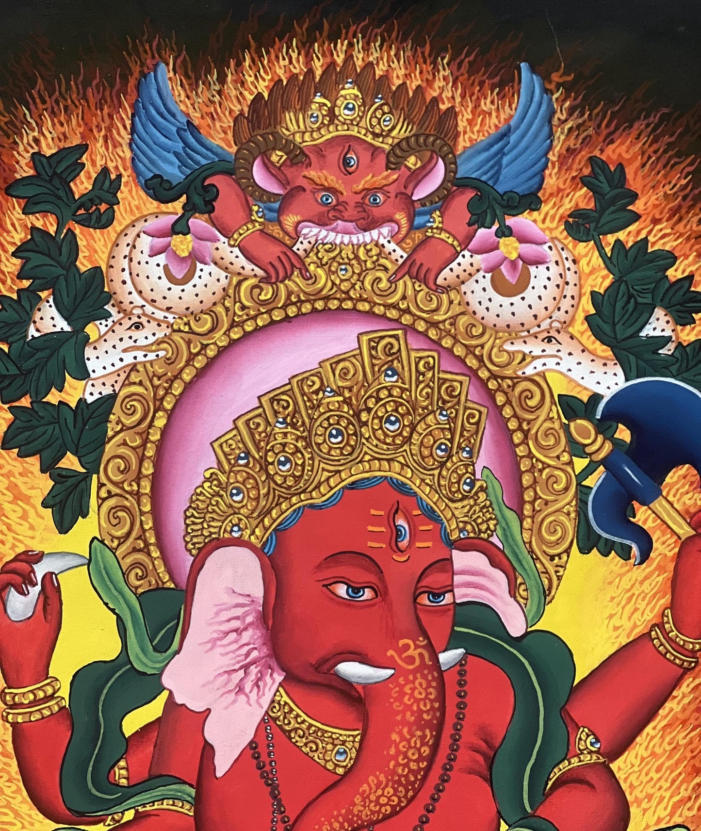 Red Ganesha Thangka Painting – Ganapati Newari Paubha Hindu Sacred Art- Silk Brocade Optional