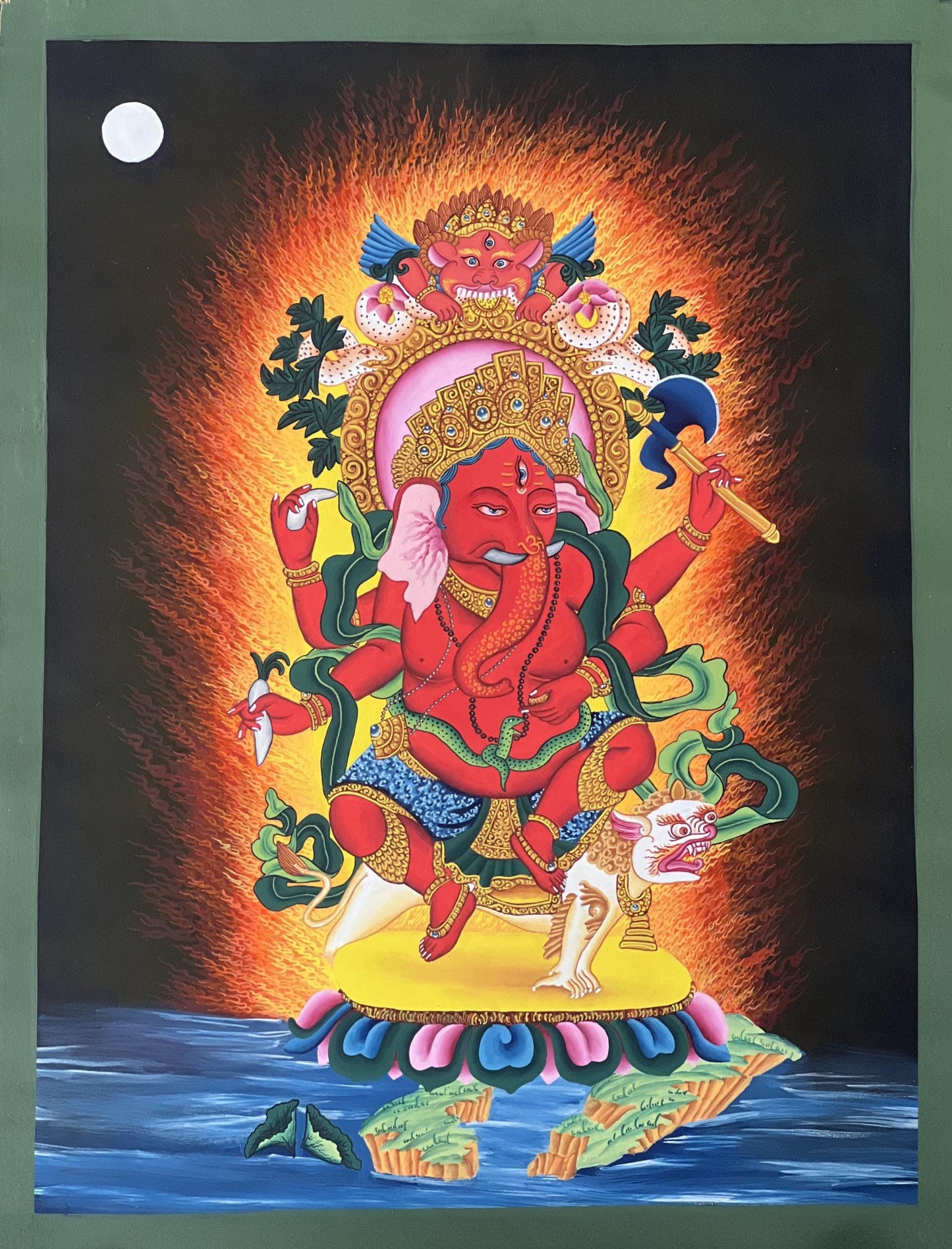 Red Ganesha Thangka Painting – Ganapati Newari Paubha Hindu Sacred Art- Silk Brocade Optional