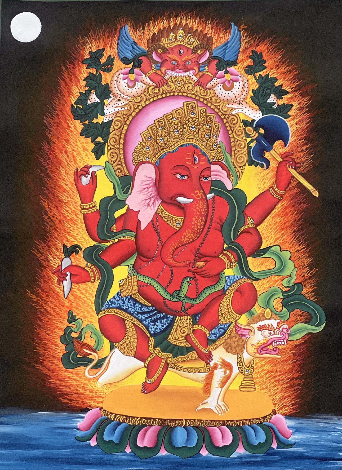 Red Ganesha Painting | Newari Paubha Art, Hindu God on Cotton Canvas