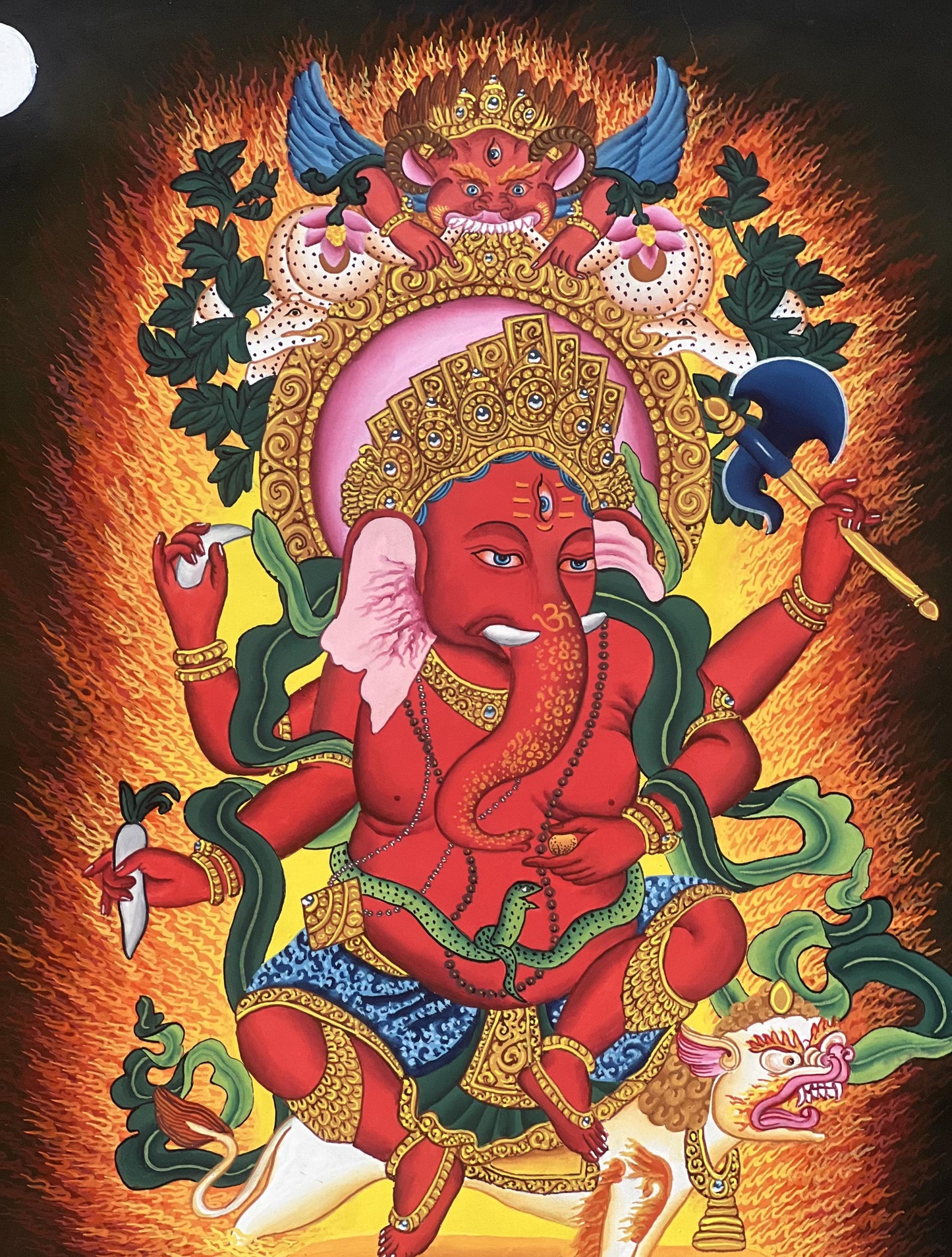 Red Ganesha Painting | Newari Paubha Art, Hindu God on Cotton Canvas