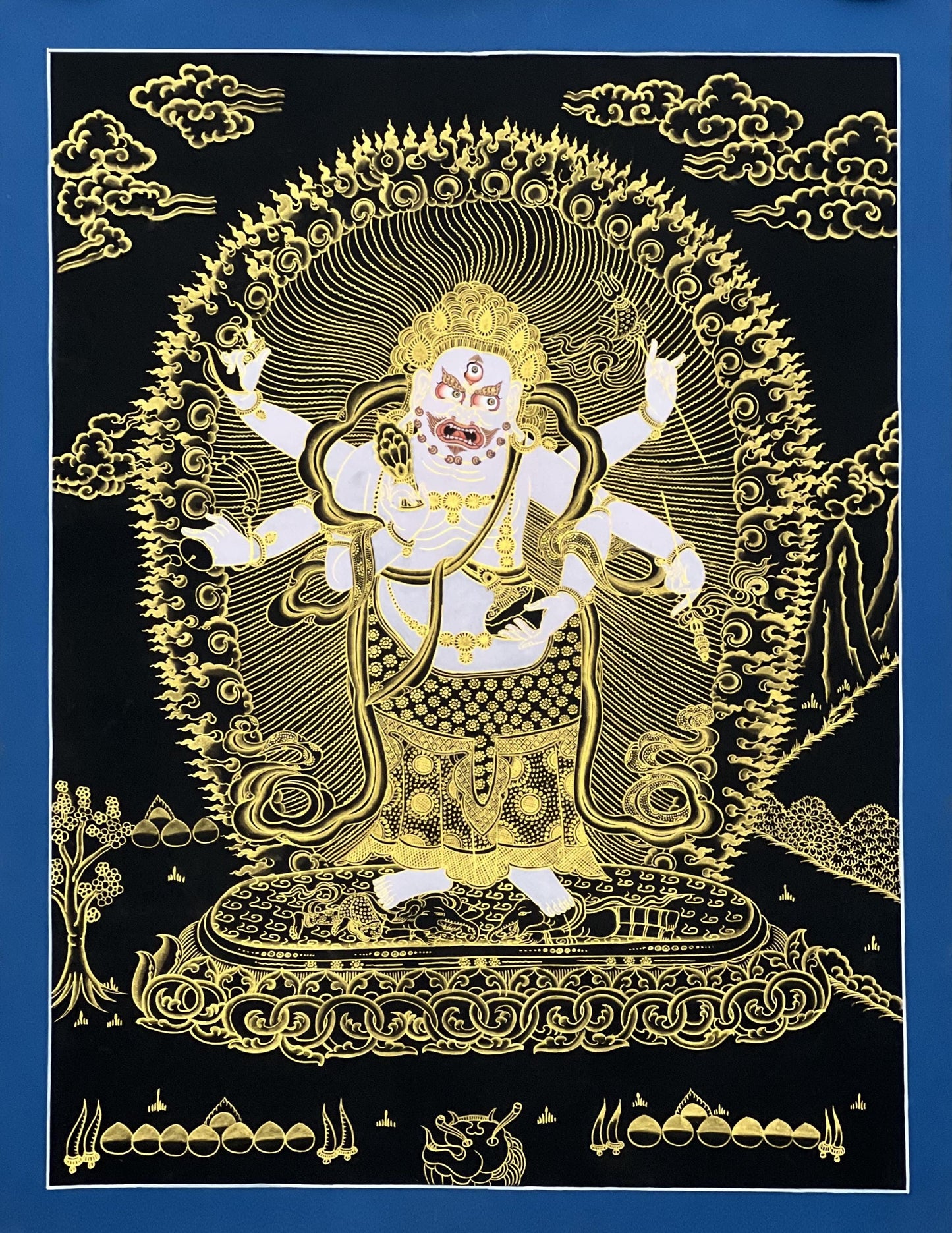 White Mahakala Thangka Painting – Six-Armed Tibetan Art, Protection