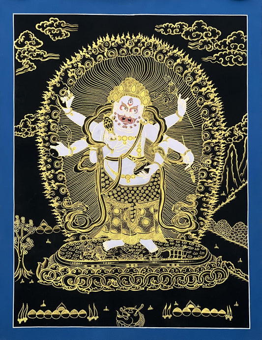 White Mahakala Thangka Painting – Six-Armed Tibetan Art, Protection