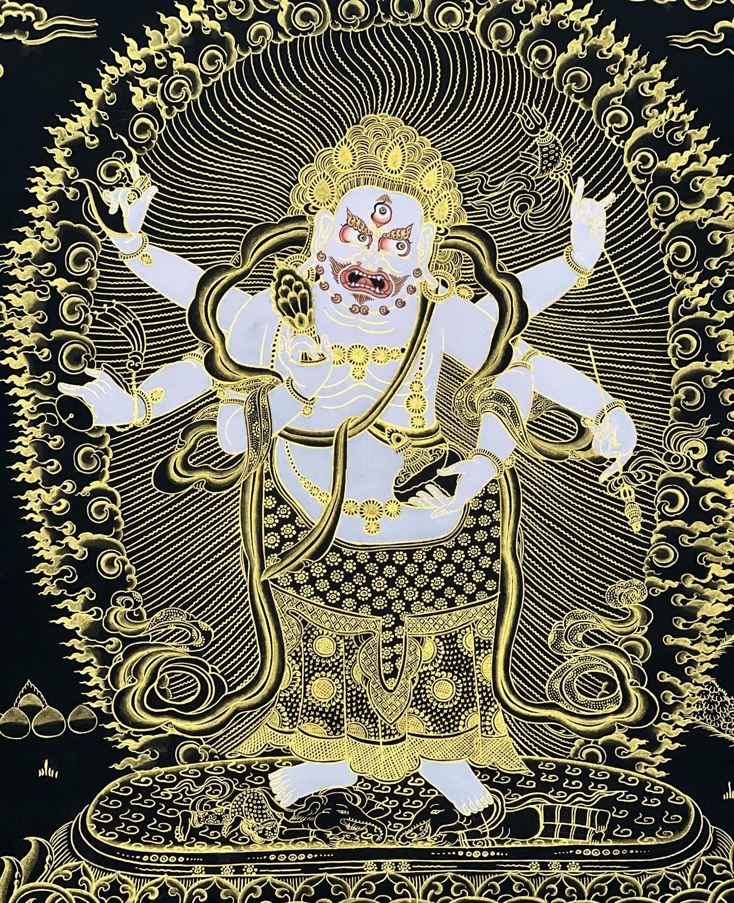 White Mahakala Thangka Painting – Six-Armed Tibetan Art, Protection