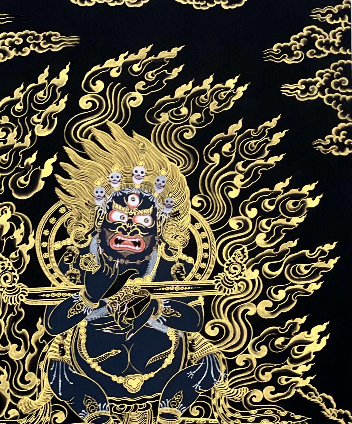 Hand-Painted Mahakala Thangka – Black-Cloaked Protector, Tibetan Art