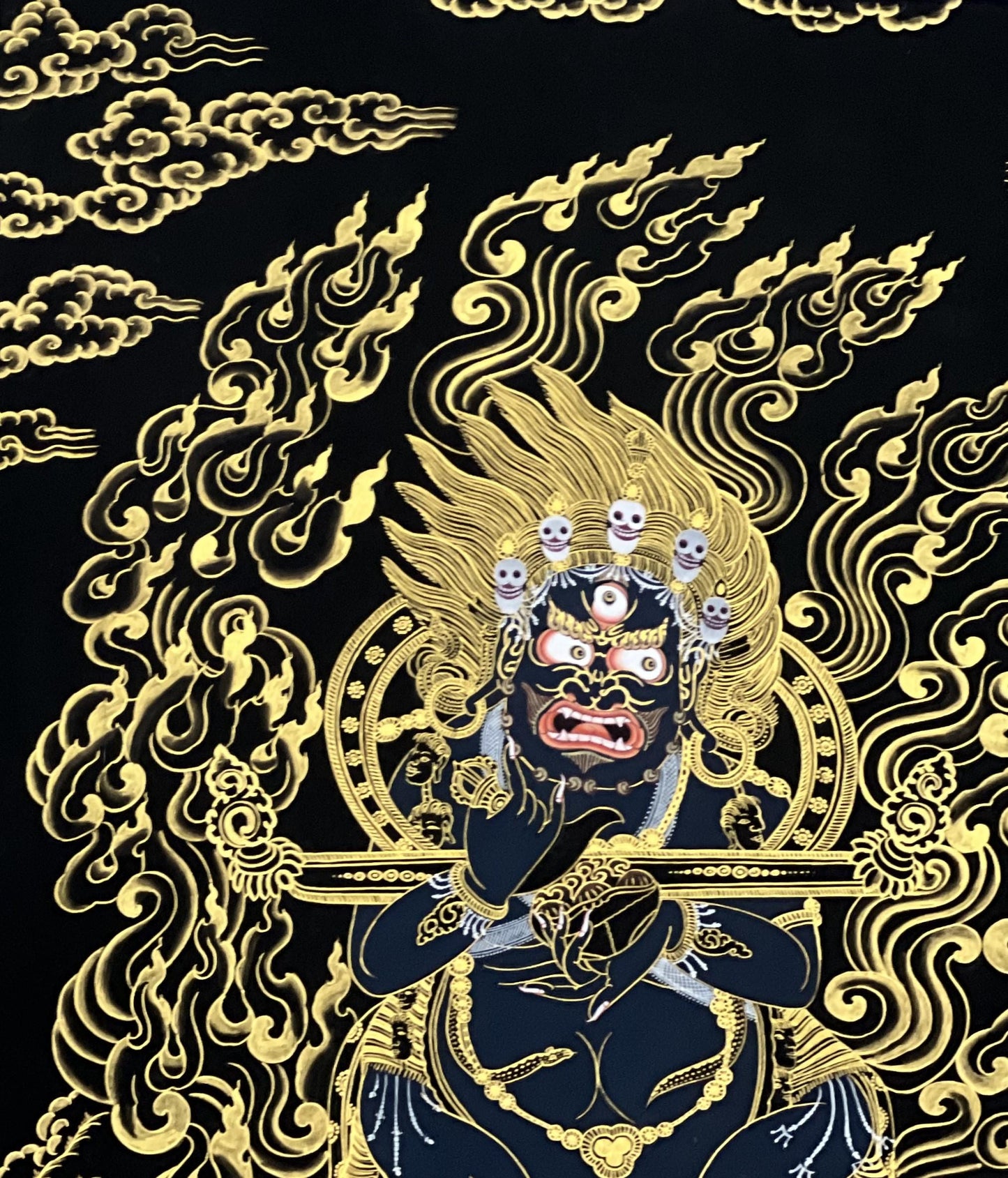 Hand-Painted Mahakala Thangka – Black-Cloaked Protector, Tibetan Art