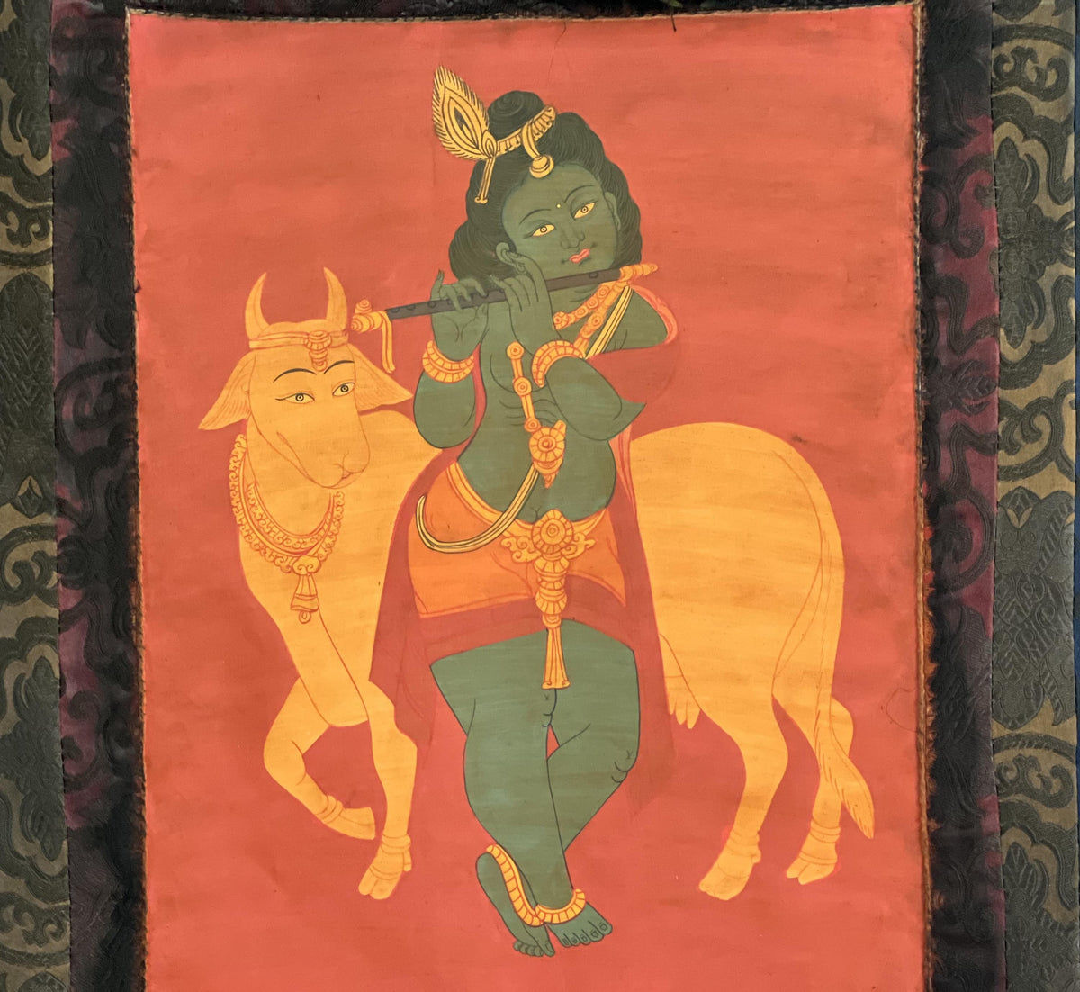 Hand-Painted Lord Krishna Art: Silk Framed Hindu Vaishnava Painting on Cotton Canvas