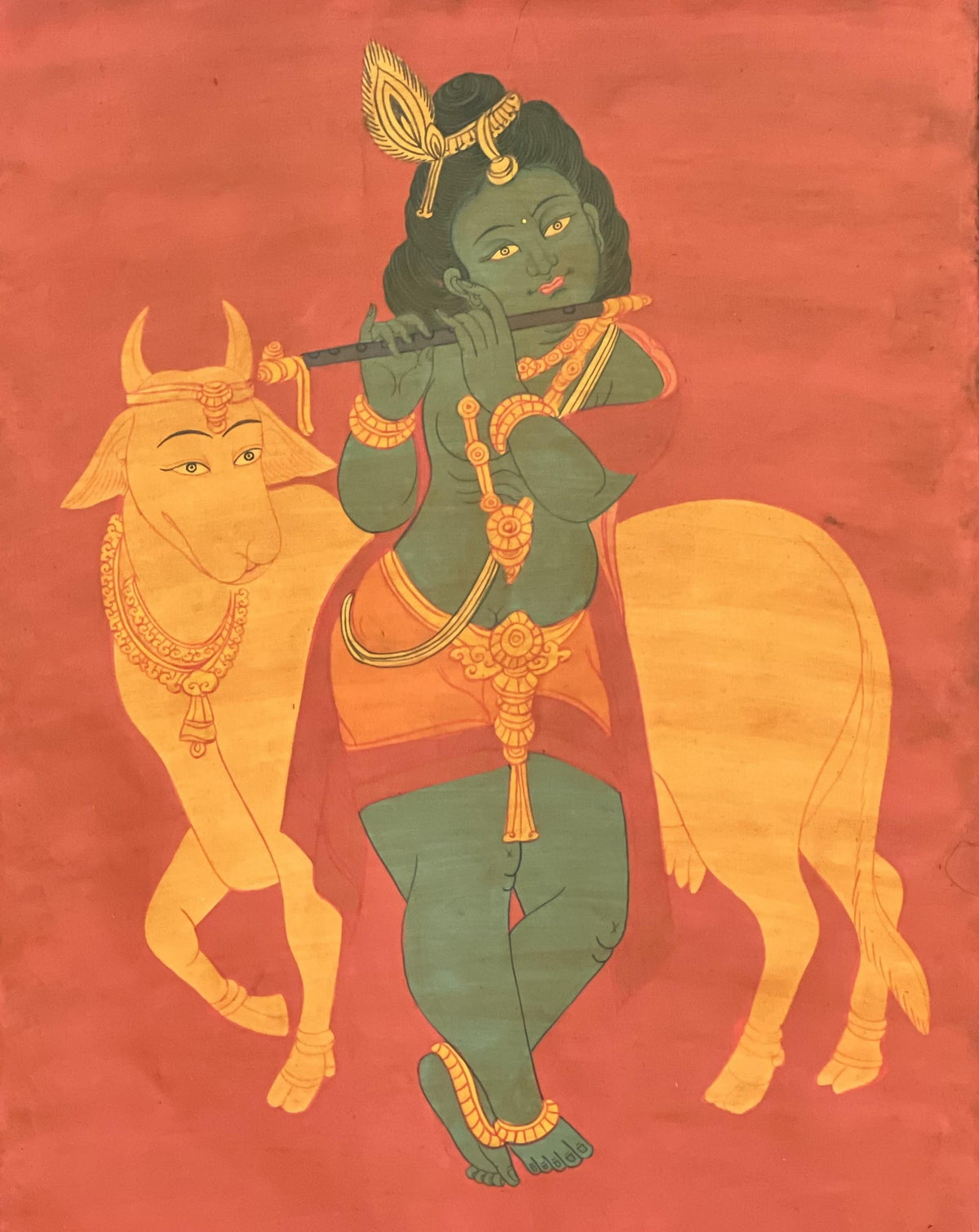Hand-Painted Lord Krishna Art: Silk Framed Hindu Vaishnava Painting on Cotton Canvas