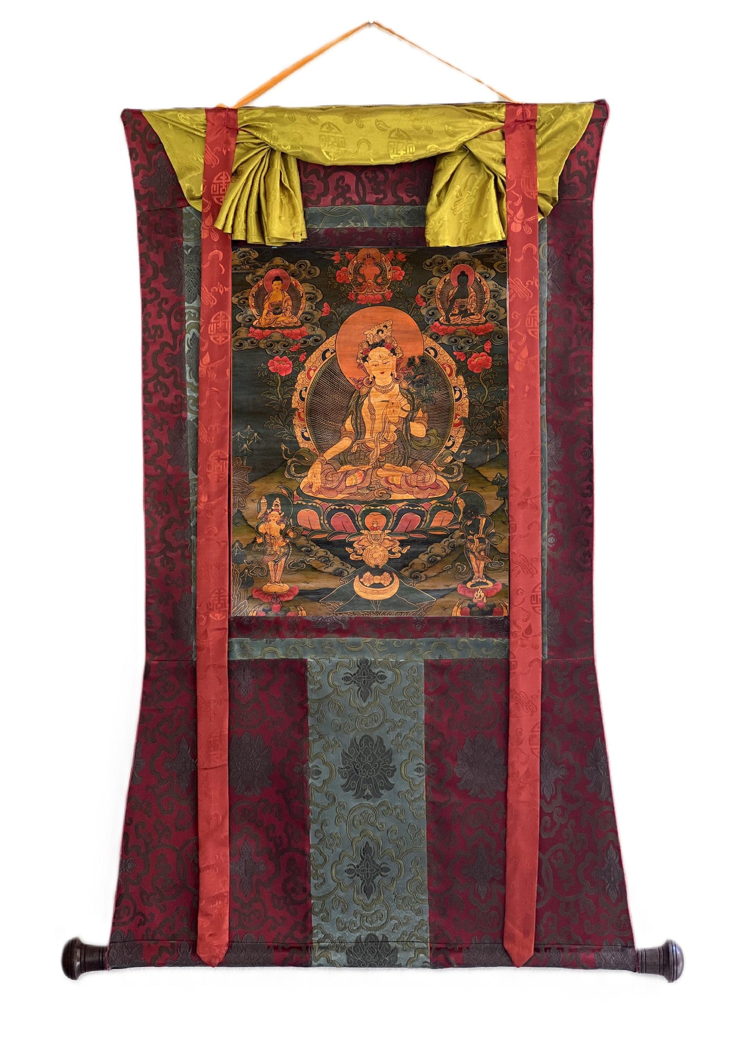 White Tara Thangka Painting | Tibetan Silk Brocade Meditation Decor