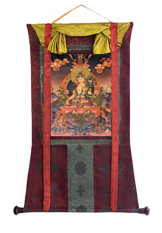 Hand-Painted White Tara Thangka – Semi-Antique Tibetan Gold & Silver Art, Silk Brocade