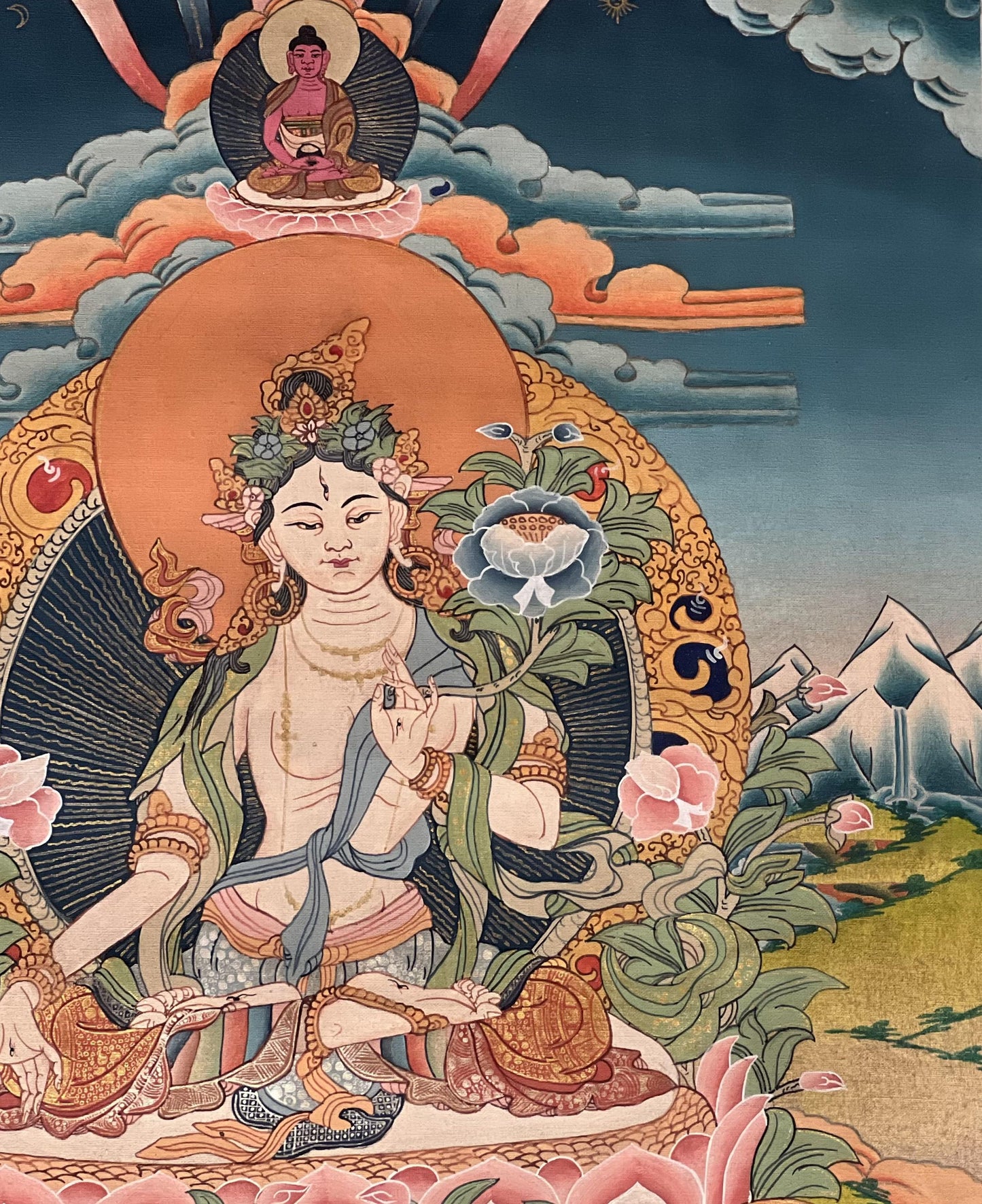 Hand-Painted White Tara Thangka | Semi-Antique Tibetan Painting | Silk Framed