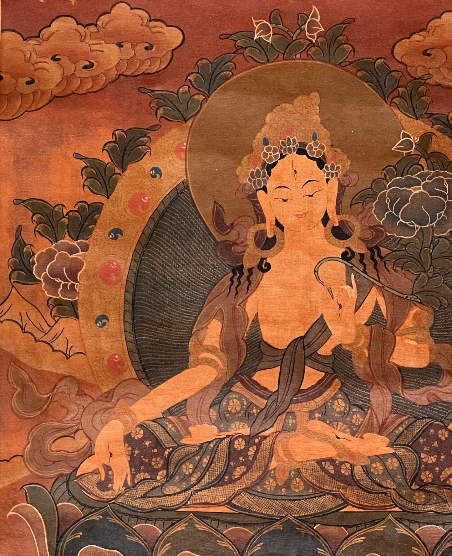 Hand-Painted White Tara Thangka – Tibetan Oil Painting on Silk Brocade