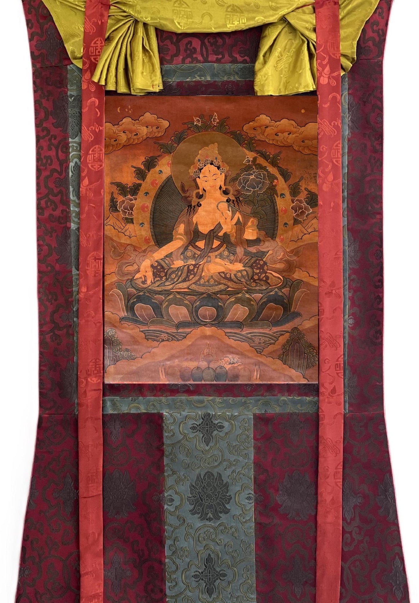 Hand-Painted White Tara Thangka – Tibetan Oil Painting on Silk Brocade