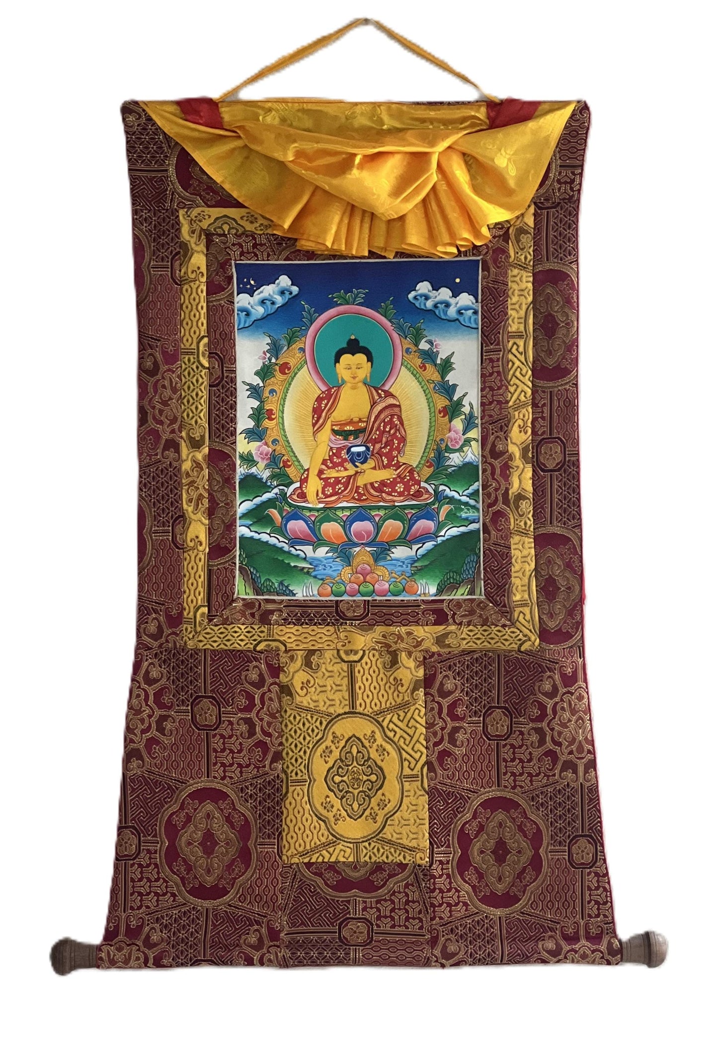 Hand-Painted Shakyamuni Buddha Thangka | Silk Brocade Wall Art
