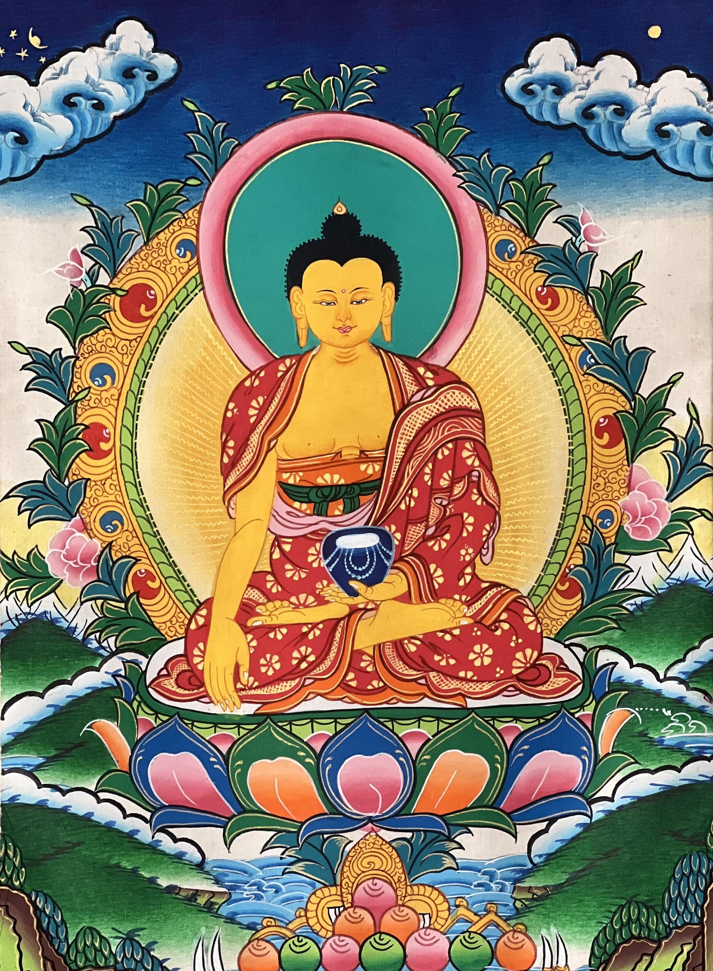 Hand-Painted Shakyamuni Buddha Thangka | Silk Brocade Wall Art