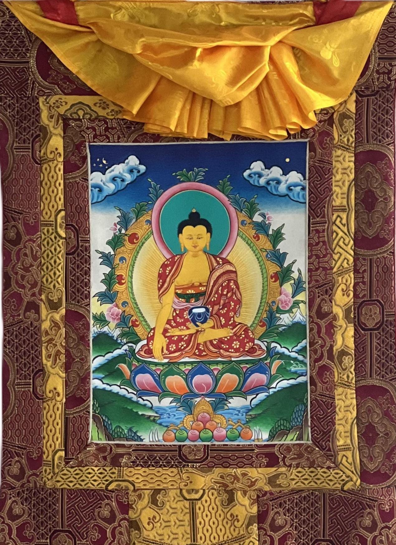 Hand-Painted Shakyamuni Buddha Thangka | Silk Brocade Wall Art