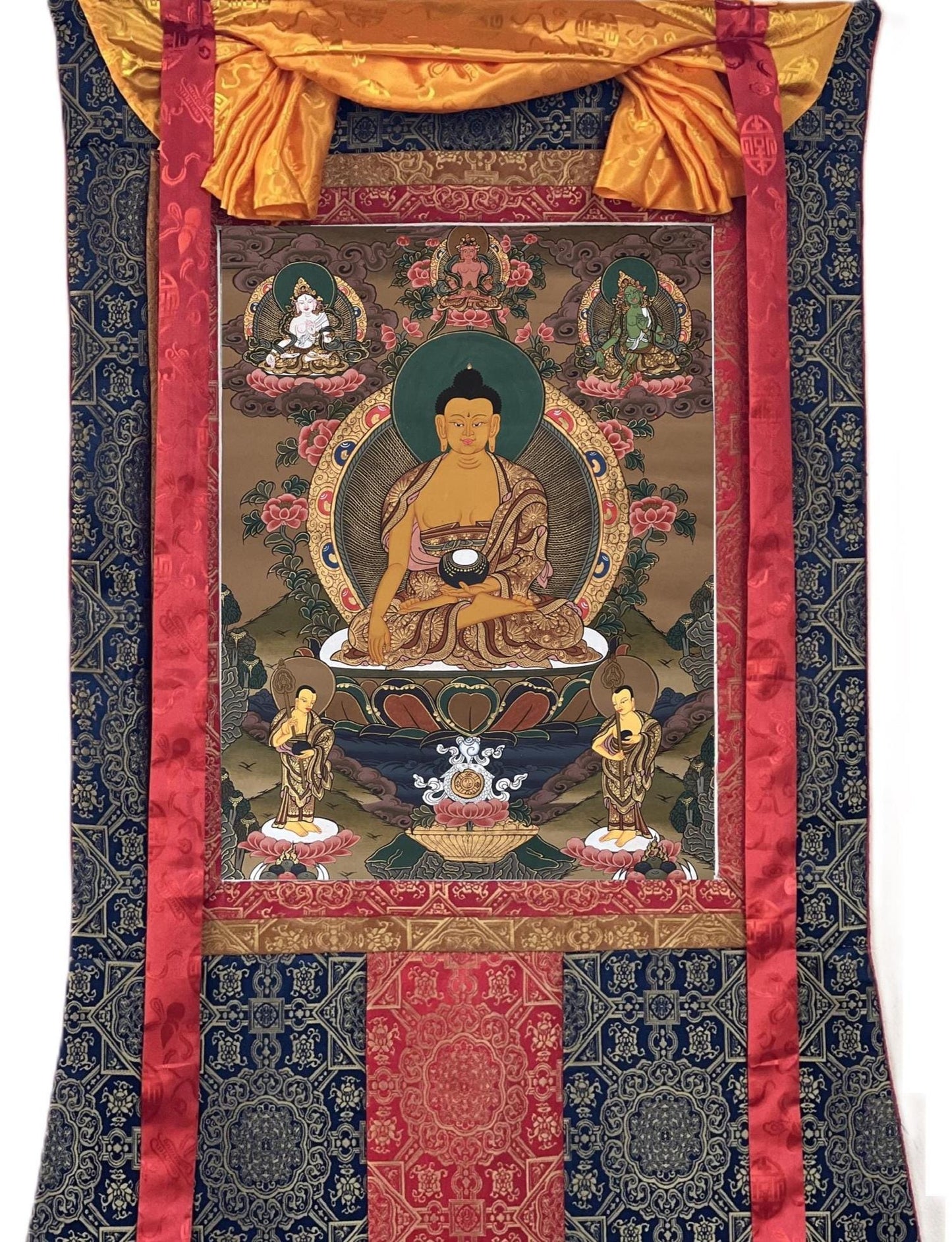 Hand-Painted Shakyamuni Buddha Thangka: Silk Brocade Tibetan Art