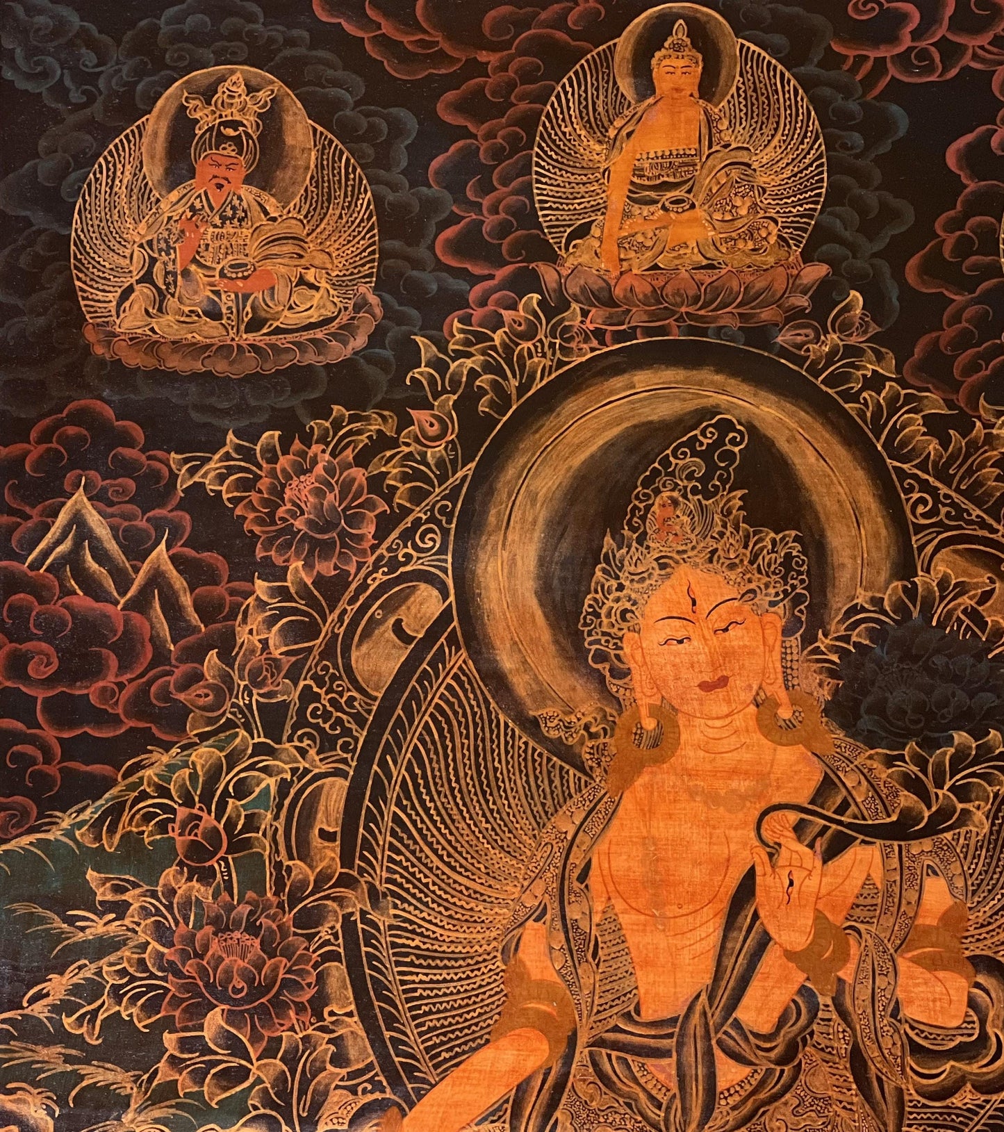 Hand-Painted White Tara Thangka | Silk Brocade Tibetan Art | Oil Varnished