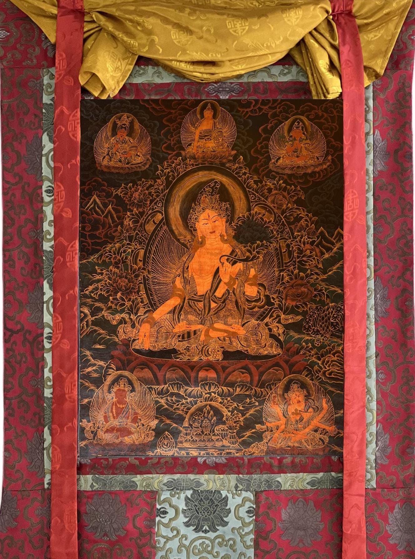 Hand-Painted White Tara Thangka | Silk Brocade Tibetan Art | Oil Varnished