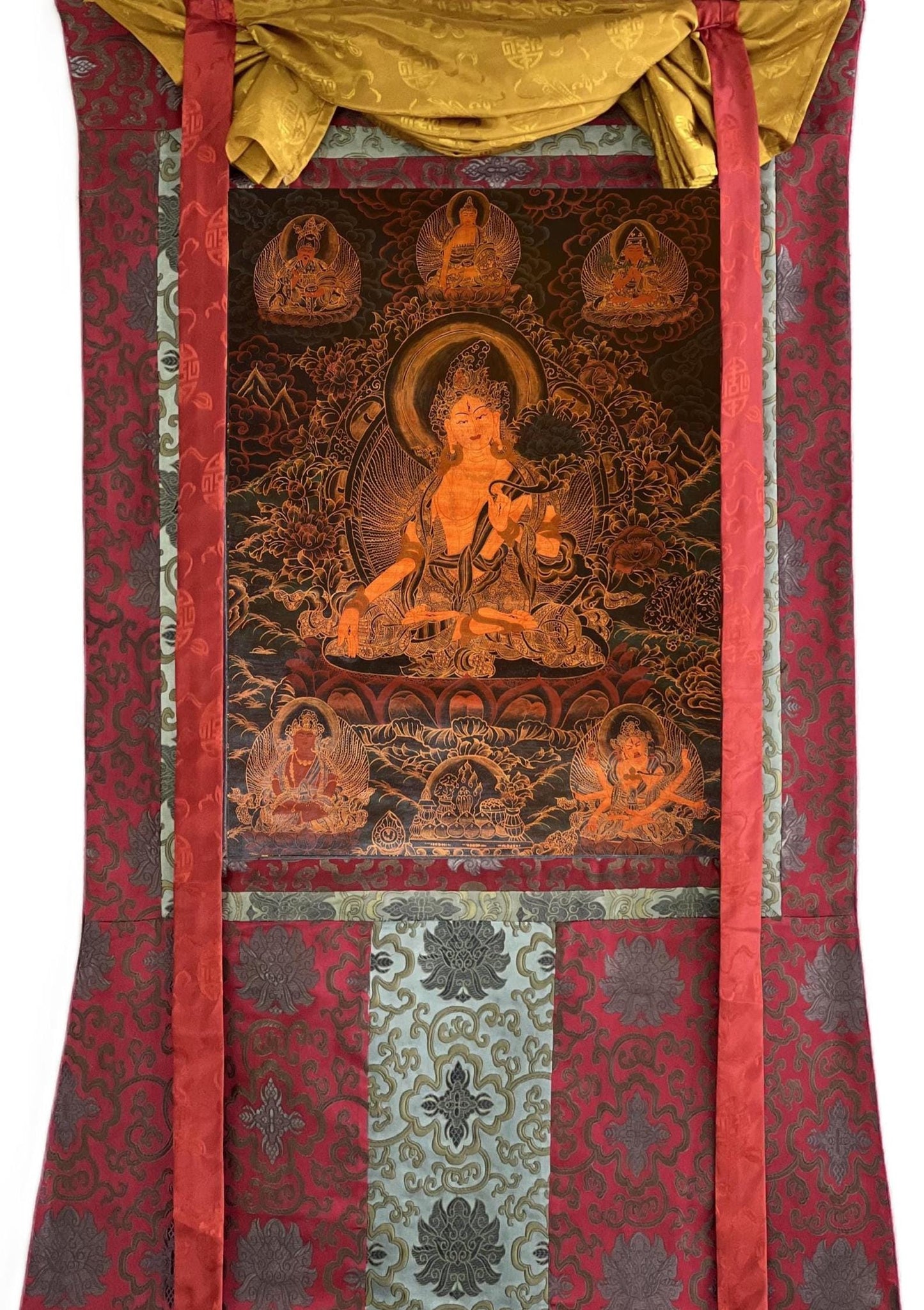 Hand-Painted White Tara Thangka | Silk Brocade Tibetan Art | Oil Varnished