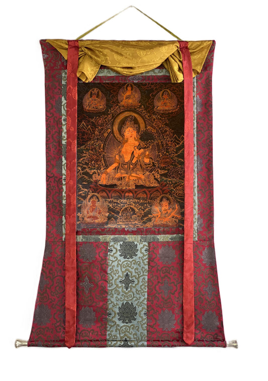 Hand-Painted White Tara Thangka | Silk Brocade Tibetan Art | Oil Varnished