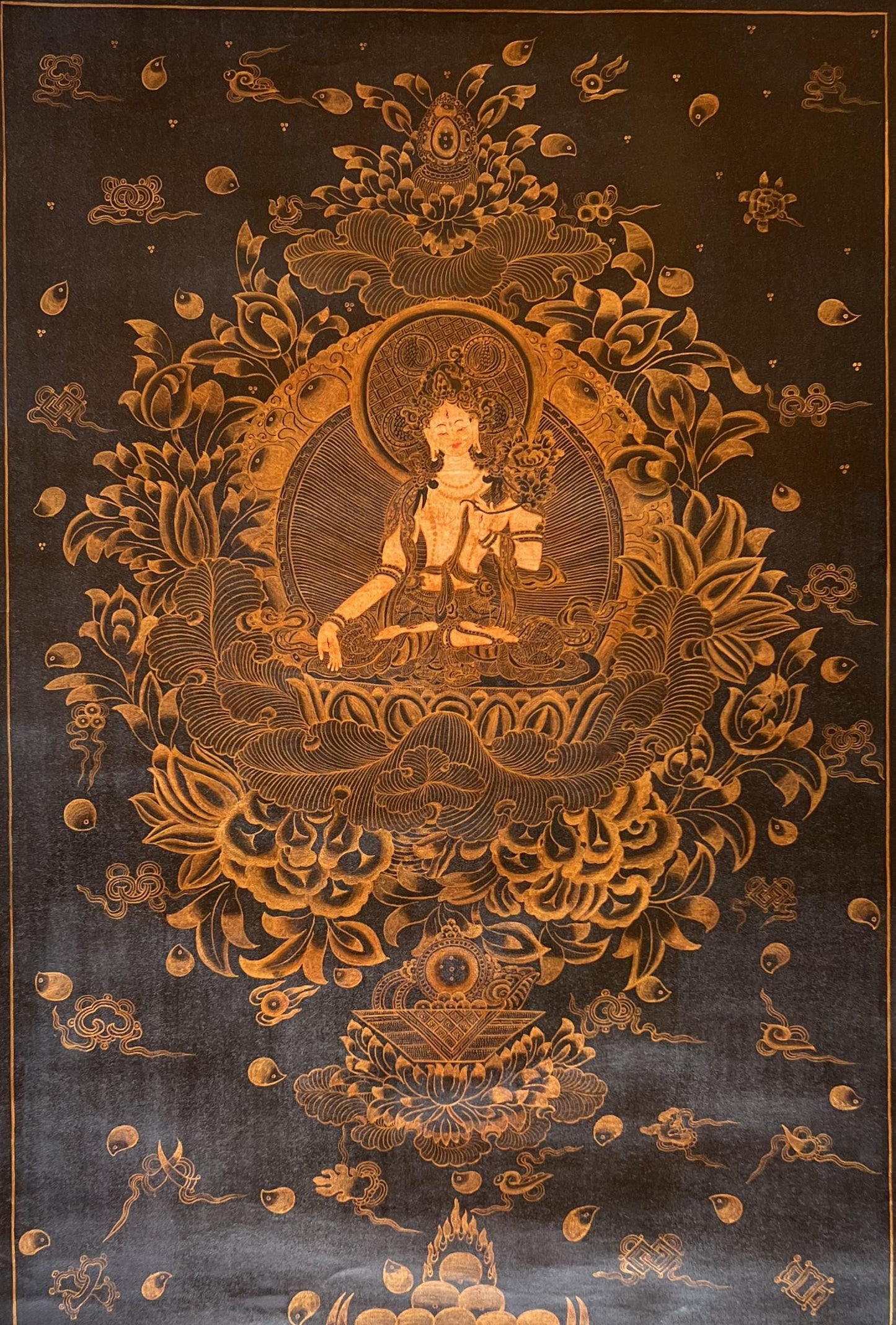 Hand-Painted Chenrezig Thangka – Tibetan Silk Brocade, Spiritual Art, Oil Varnished