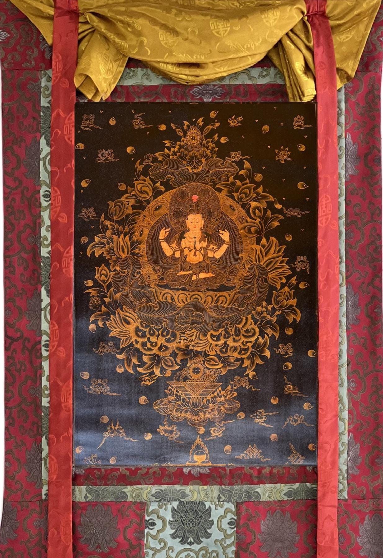 Hand-Painted White Tara Thangka – Tibetan Silk Brocade Art