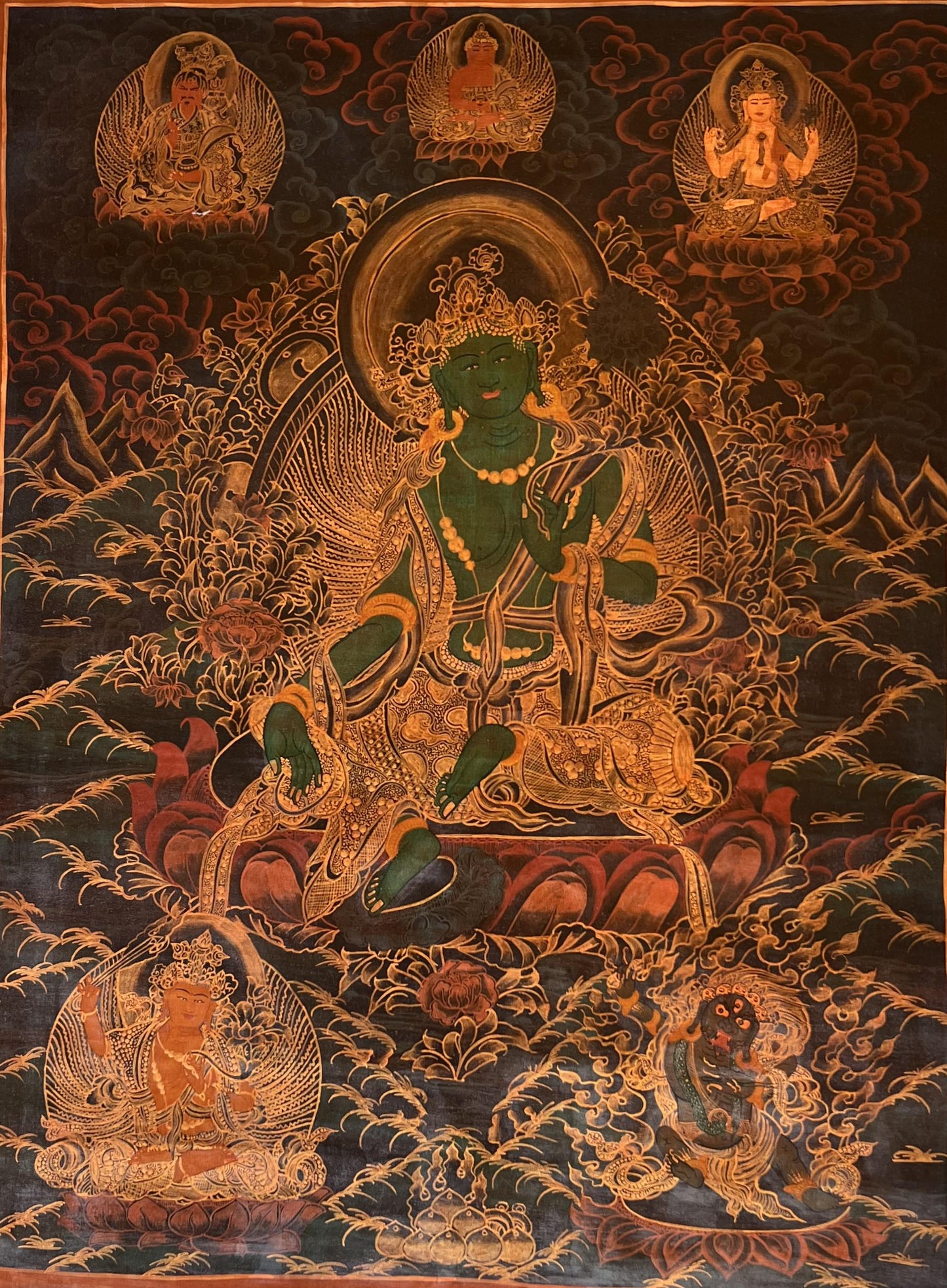 Hand-Painted Green Tara Thangka – Tibetan Goddess Art, Silk Brocade, Oil Varnished