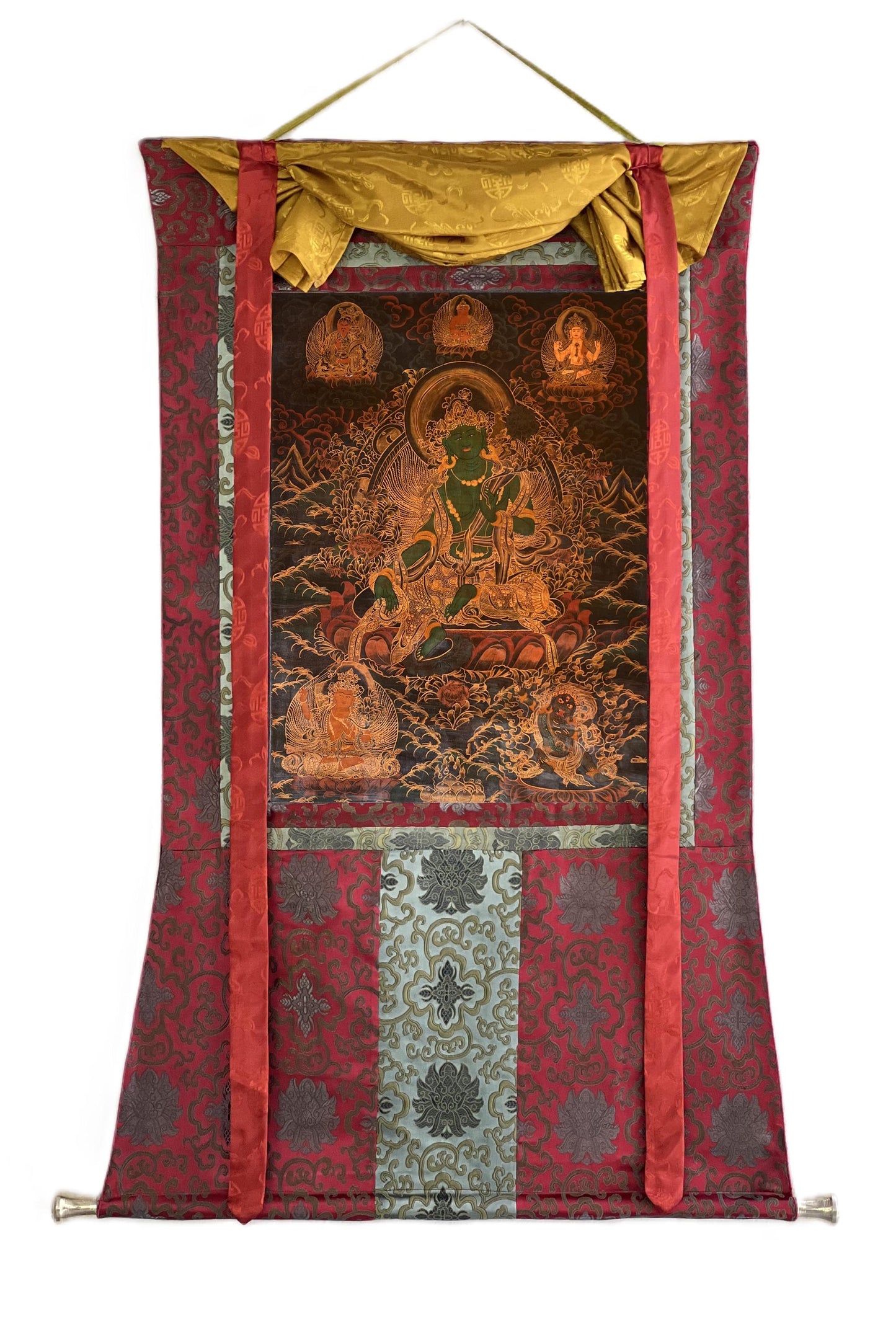 Hand-Painted Green Tara Thangka – Tibetan Goddess Art, Silk Brocade, Oil Varnished