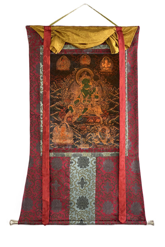 Hand-Painted Green Tara Thangka – Tibetan Goddess Art, Silk Brocade, Oil Varnished