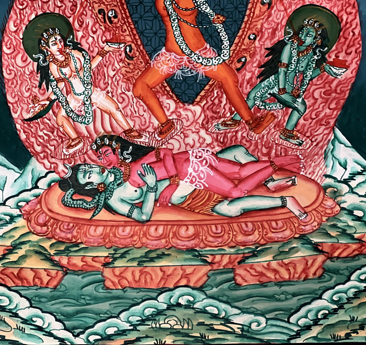 Hand-Painted Chhinnamasta Thangka: Divine Duality Art with Silk Brocade