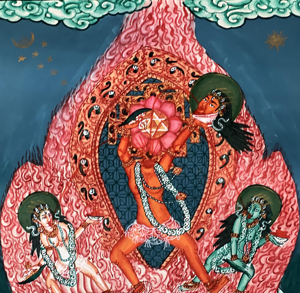 Hand-Painted Chhinnamasta Thangka: Divine Duality Art with Silk Brocade