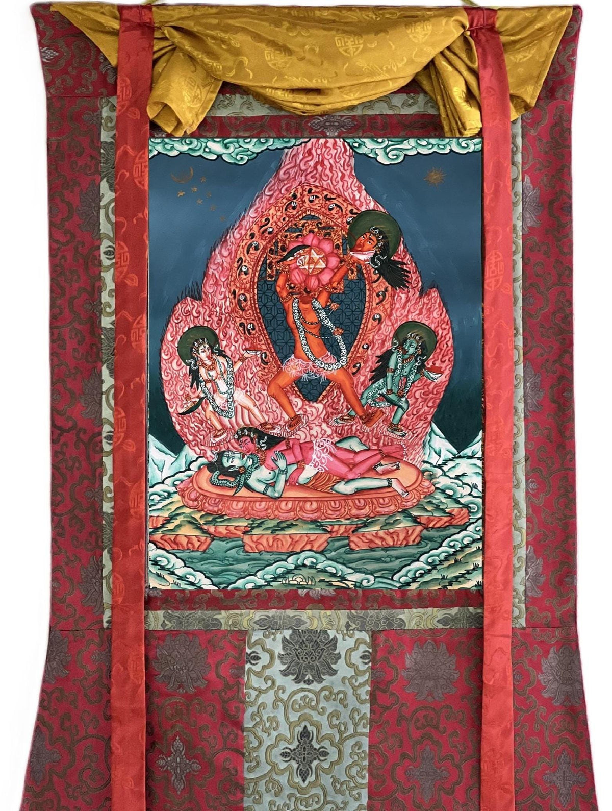 Hand-Painted Chhinnamasta Thangka: Divine Duality Art with Silk Brocade
